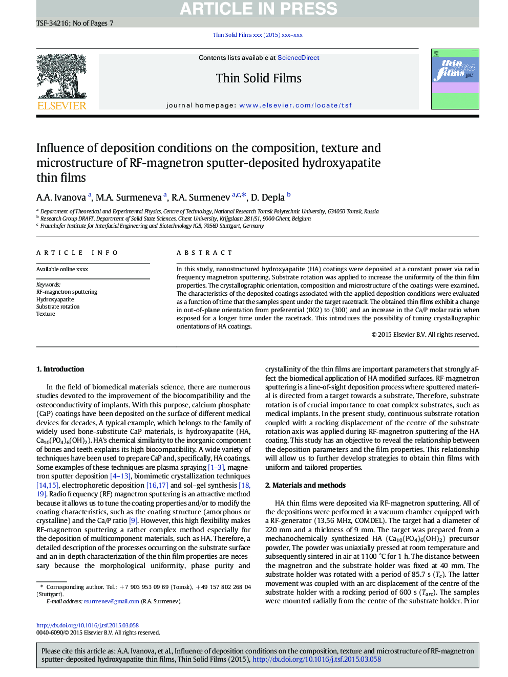 Influence of deposition conditions on the composition, texture and microstructure of RF-magnetron sputter-deposited hydroxyapatite thin films