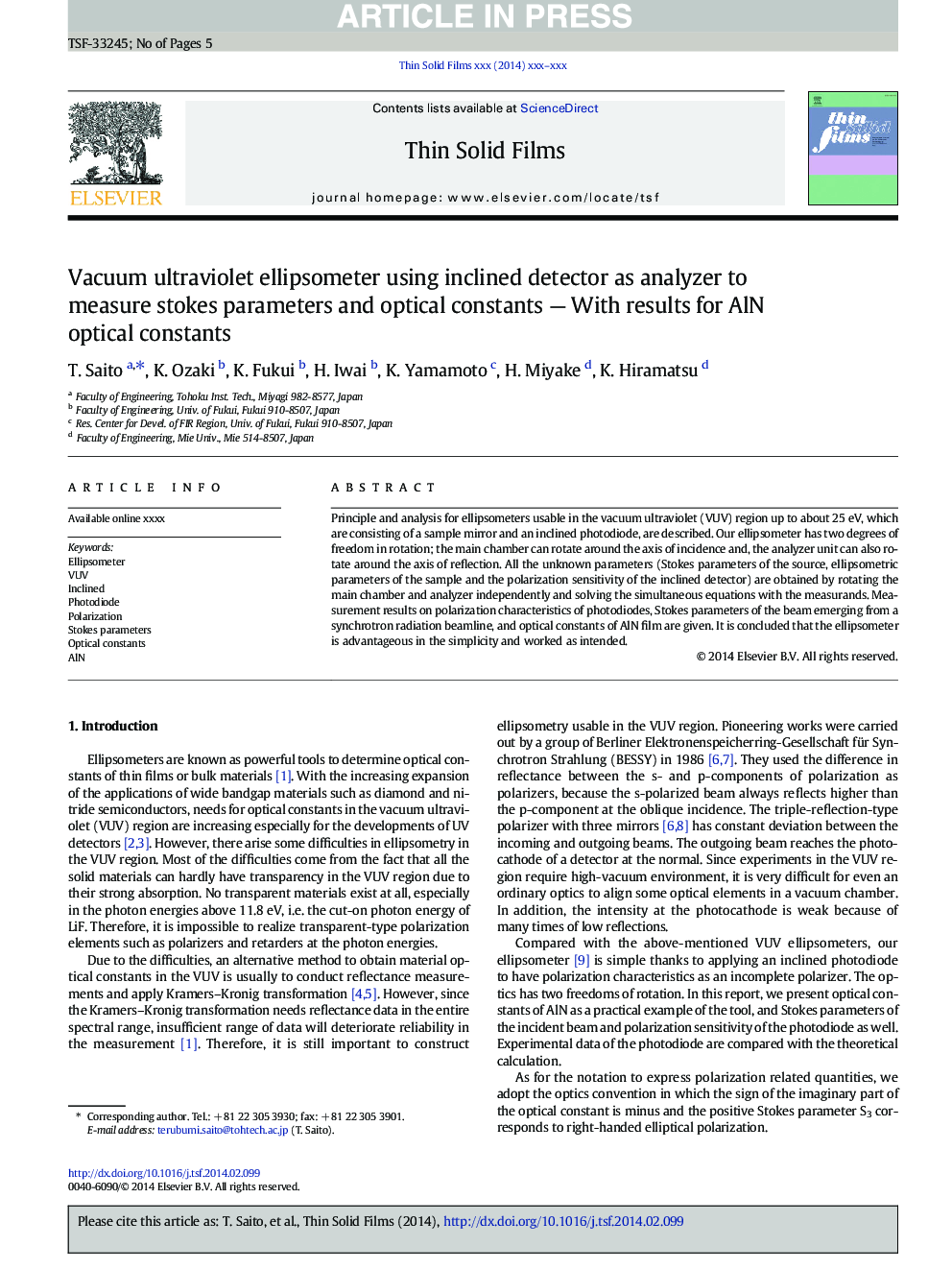 Vacuum ultraviolet ellipsometer using inclined detector as analyzer to measure stokes parameters and optical constants - With results for AlN optical constants