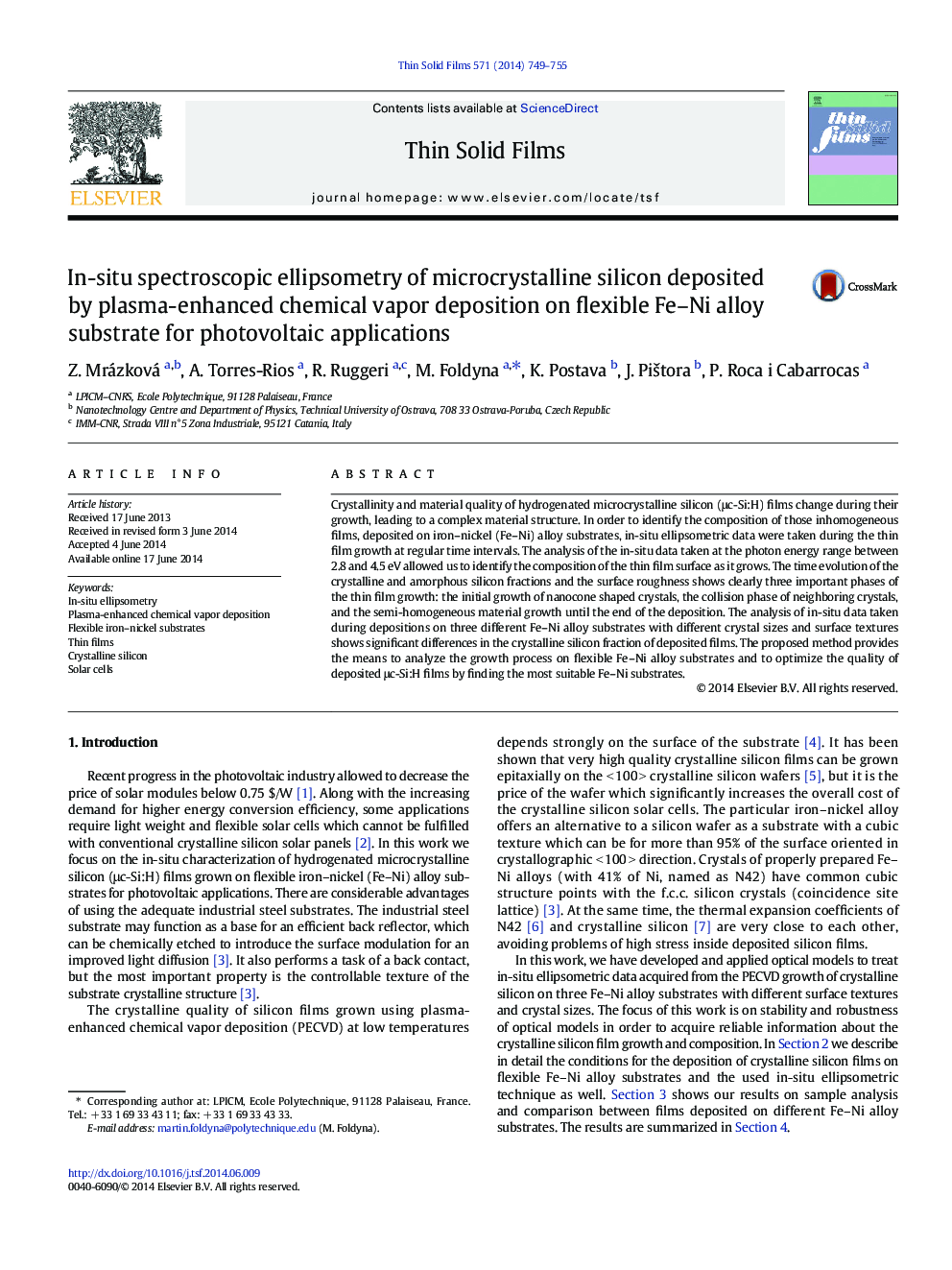 In-situ spectroscopic ellipsometry of microcrystalline silicon deposited by plasma-enhanced chemical vapor deposition on flexible Fe-Ni alloy substrate for photovoltaic applications