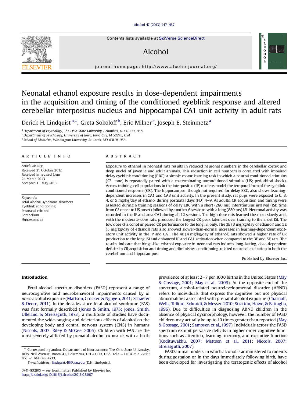 Neonatal ethanol exposure results in dose-dependent impairments in the acquisition and timing of the conditioned eyeblink response and altered cerebellar interpositus nucleus and hippocampal CA1 unit activity in adult rats