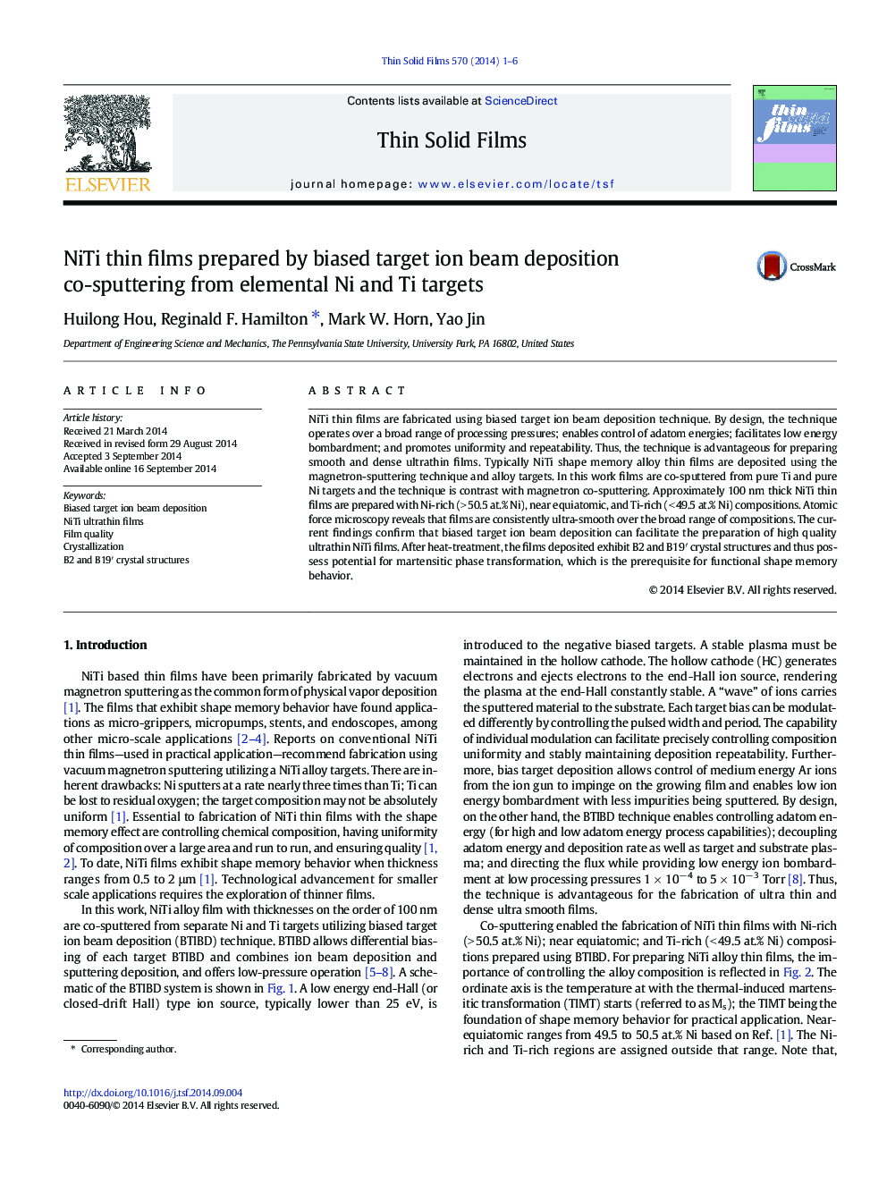 NiTi thin films prepared by biased target ion beam deposition co-sputtering from elemental Ni and Ti targets