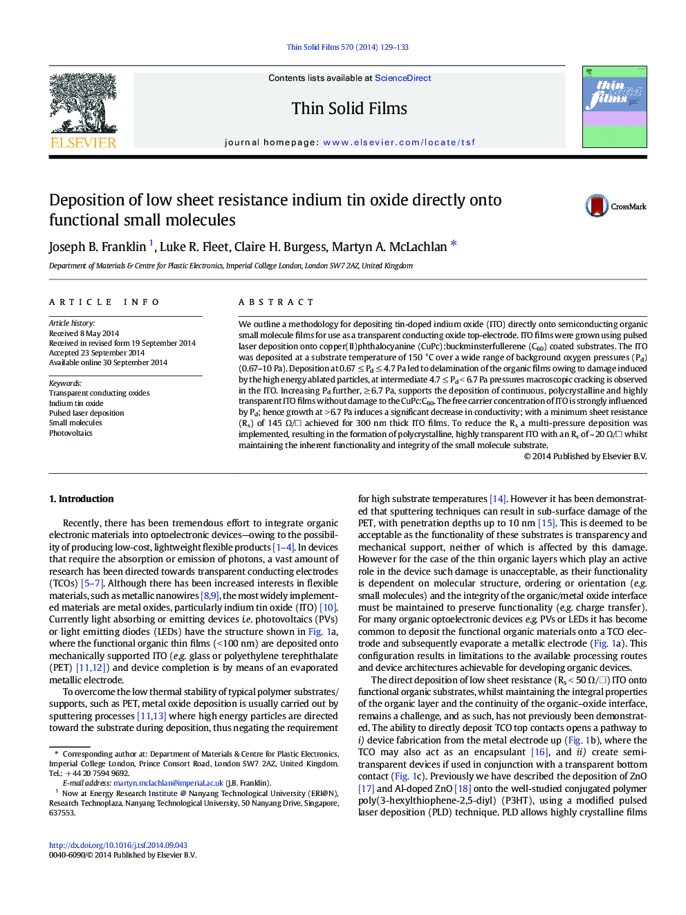 Deposition of low sheet resistance indium tin oxide directly onto functional small molecules