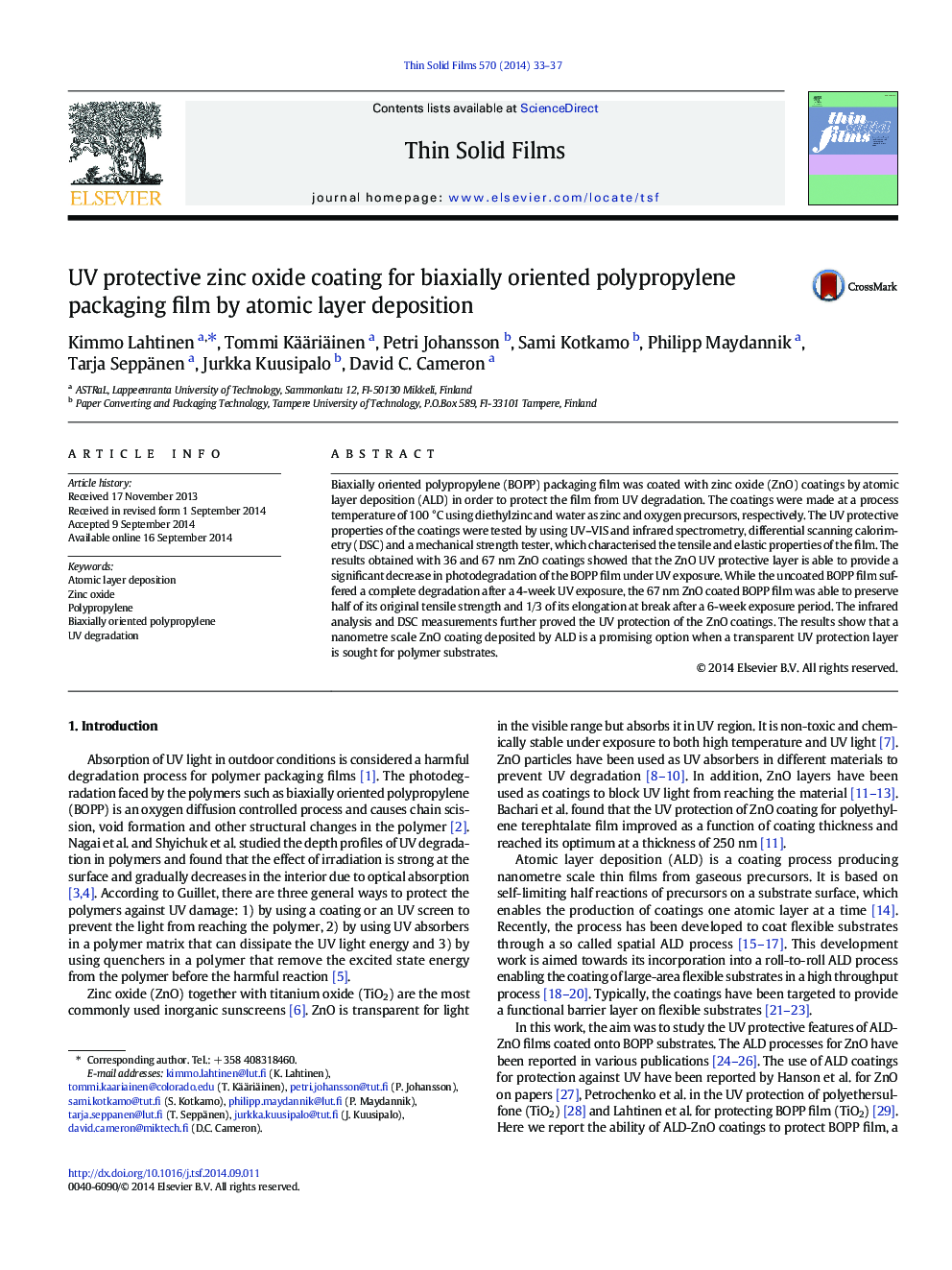 UV protective zinc oxide coating for biaxially oriented polypropylene packaging film by atomic layer deposition