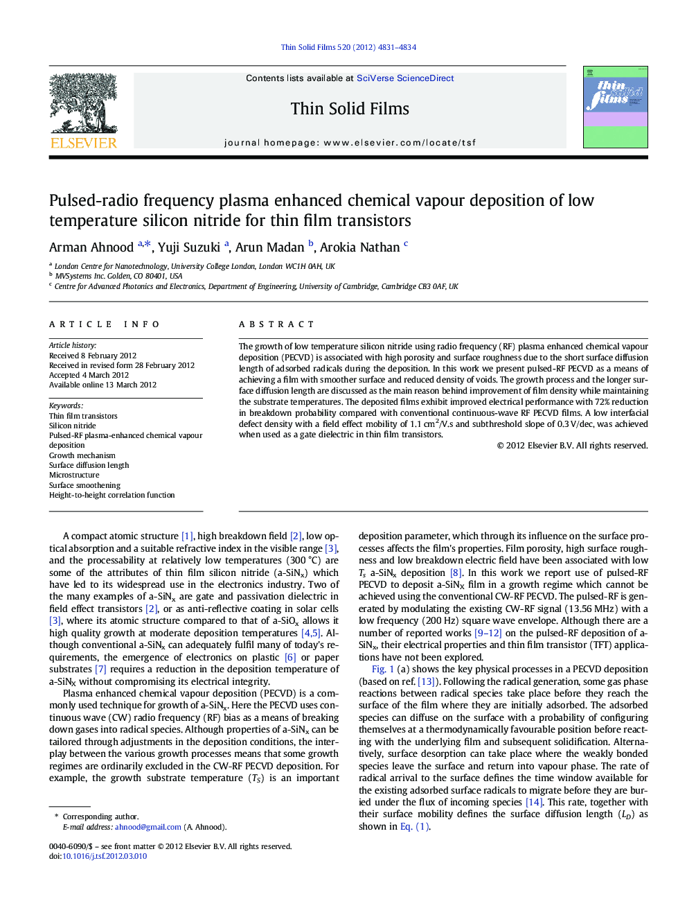 Pulsed-radio frequency plasma enhanced chemical vapour deposition of low temperature silicon nitride for thin film transistors