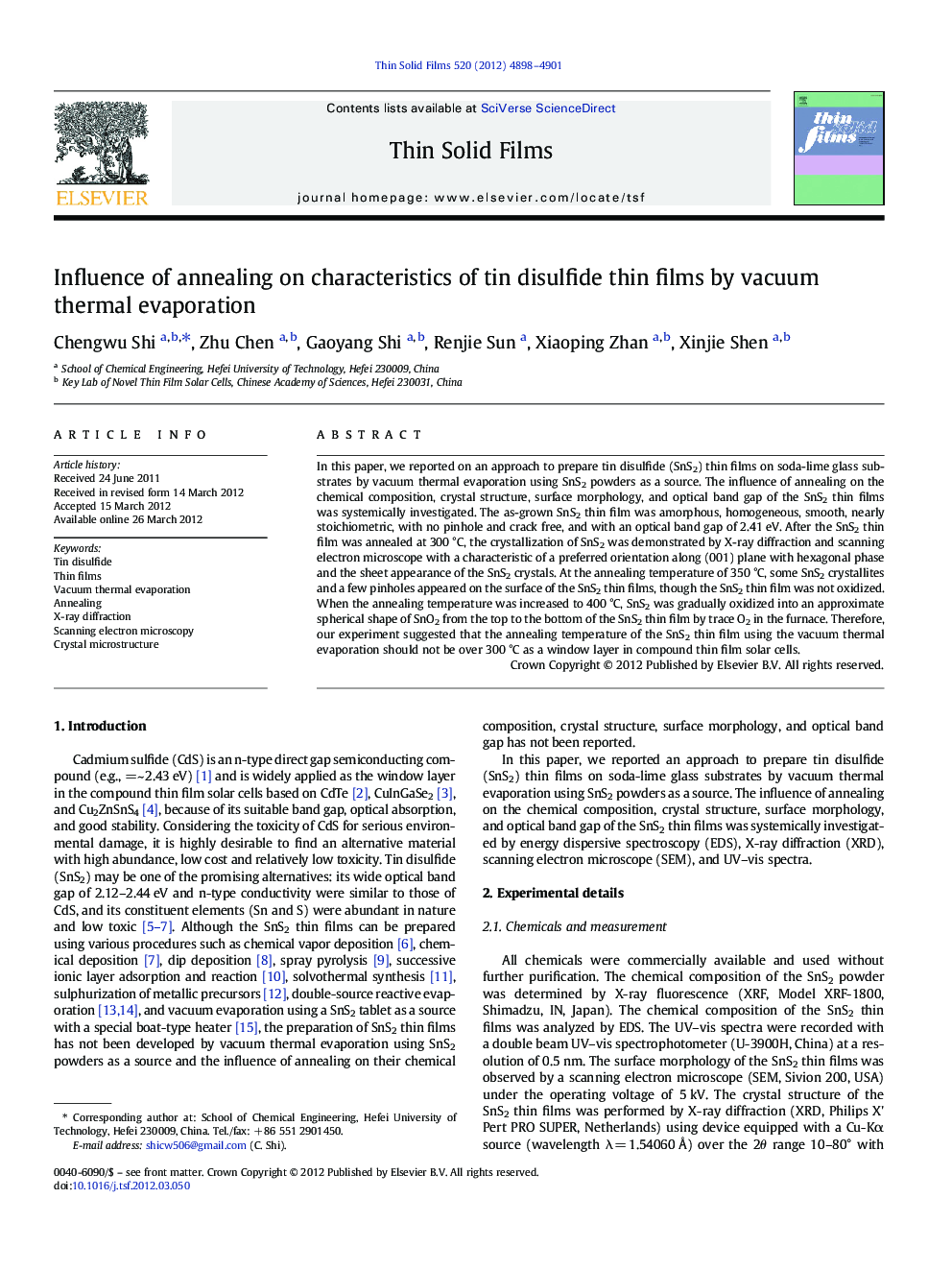 Influence of annealing on characteristics of tin disulfide thin films by vacuum thermal evaporation