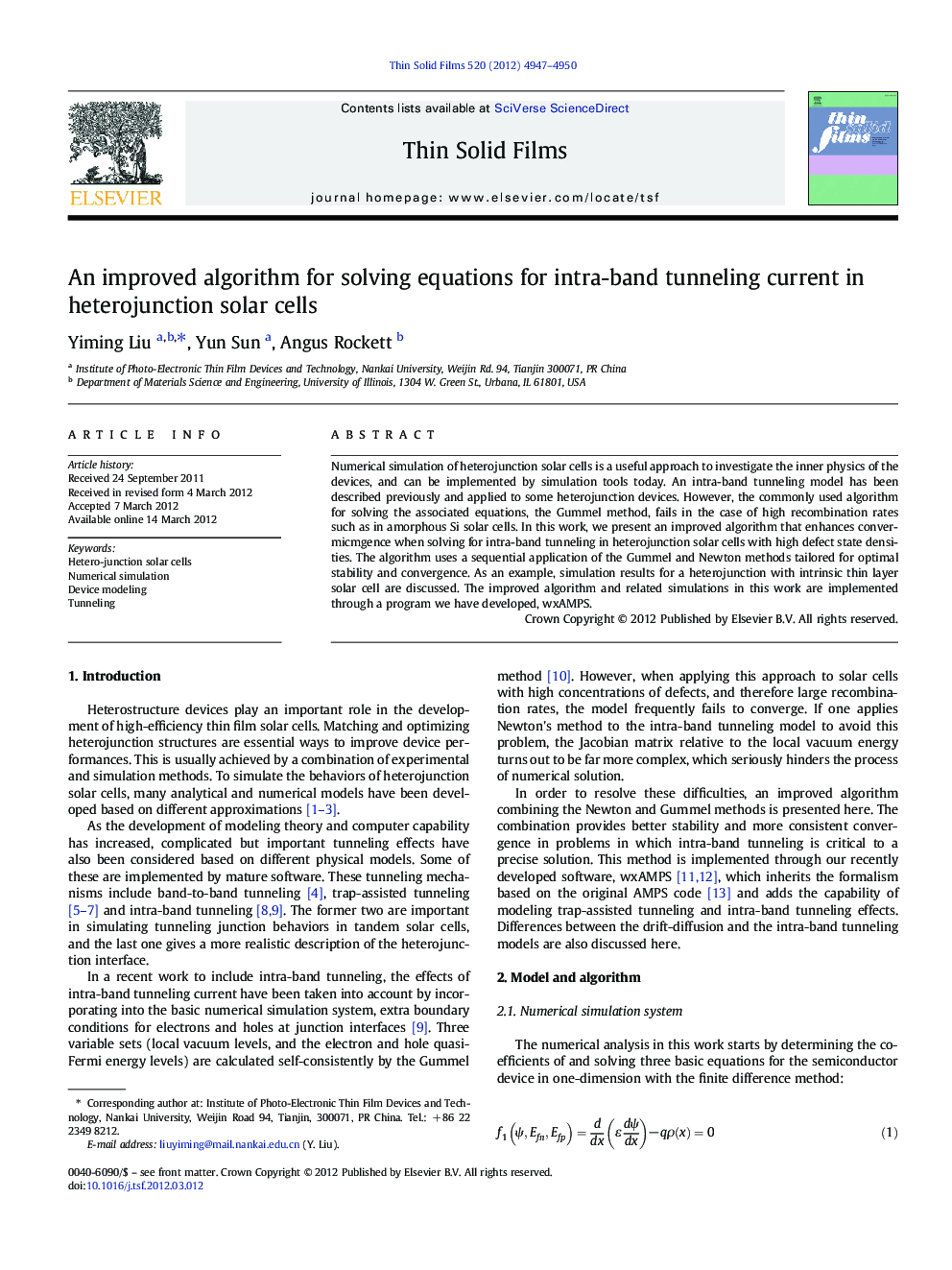 An improved algorithm for solving equations for intra-band tunneling current in heterojunction solar cells