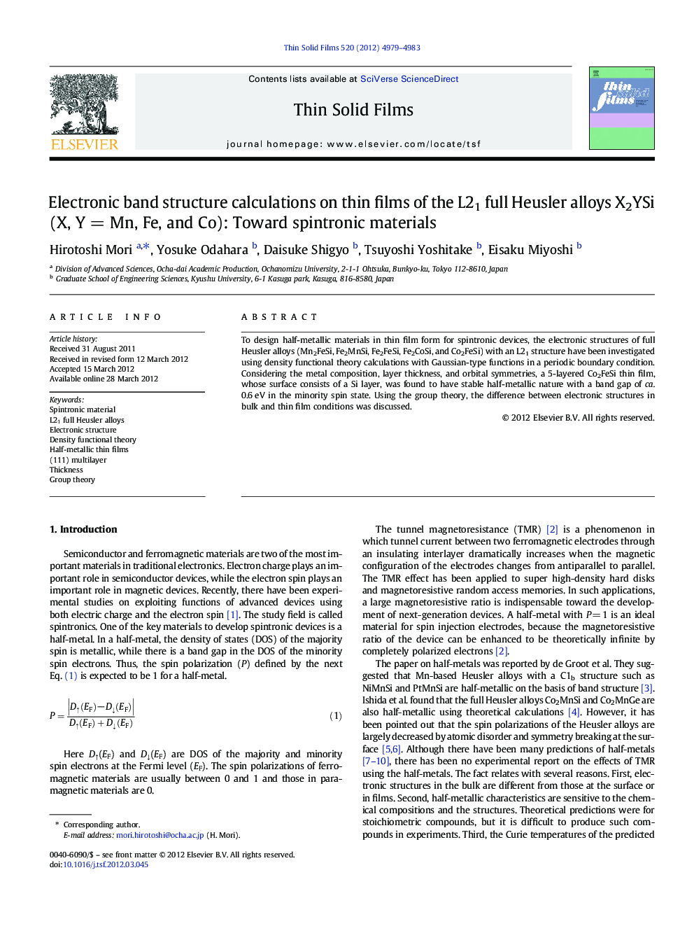 Electronic band structure calculations on thin films of the L21 full Heusler alloys X2YSi (X, Y = Mn, Fe, and Co): Toward spintronic materials