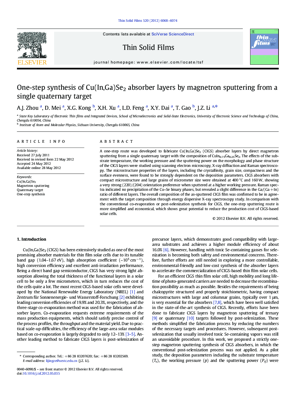 One-step synthesis of Cu(In,Ga)Se2 absorber layers by magnetron sputtering from a single quaternary target