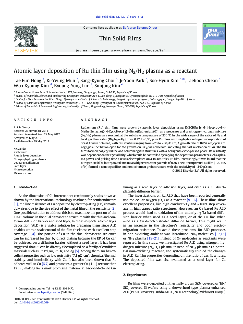 Atomic layer deposition of Ru thin film using N2/H2 plasma as a reactant