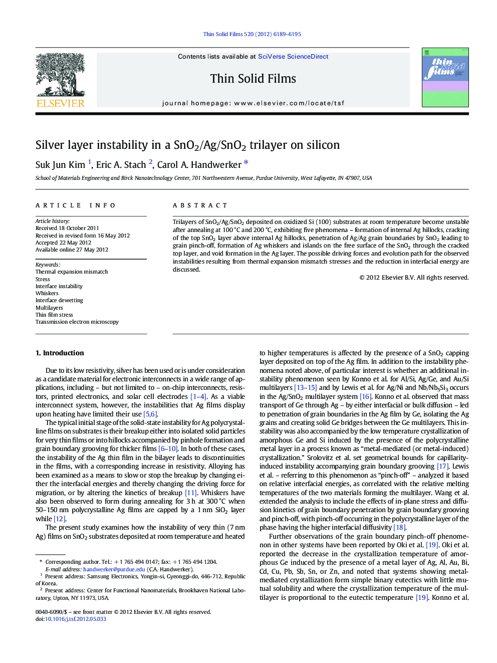 Silver layer instability in a SnO2/Ag/SnO2 trilayer on silicon