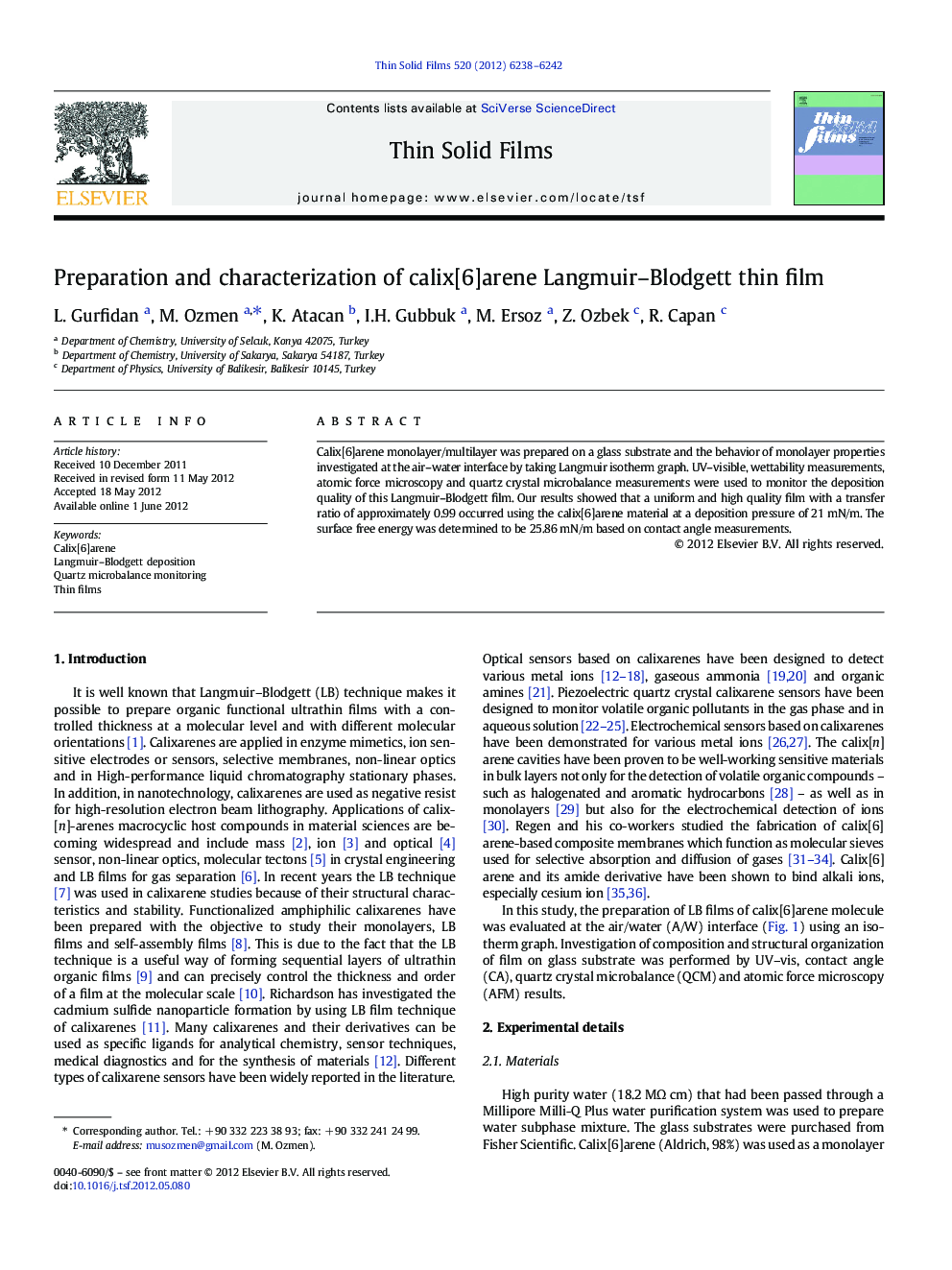 Preparation and characterization of calix[6]arene Langmuir-Blodgett thin film