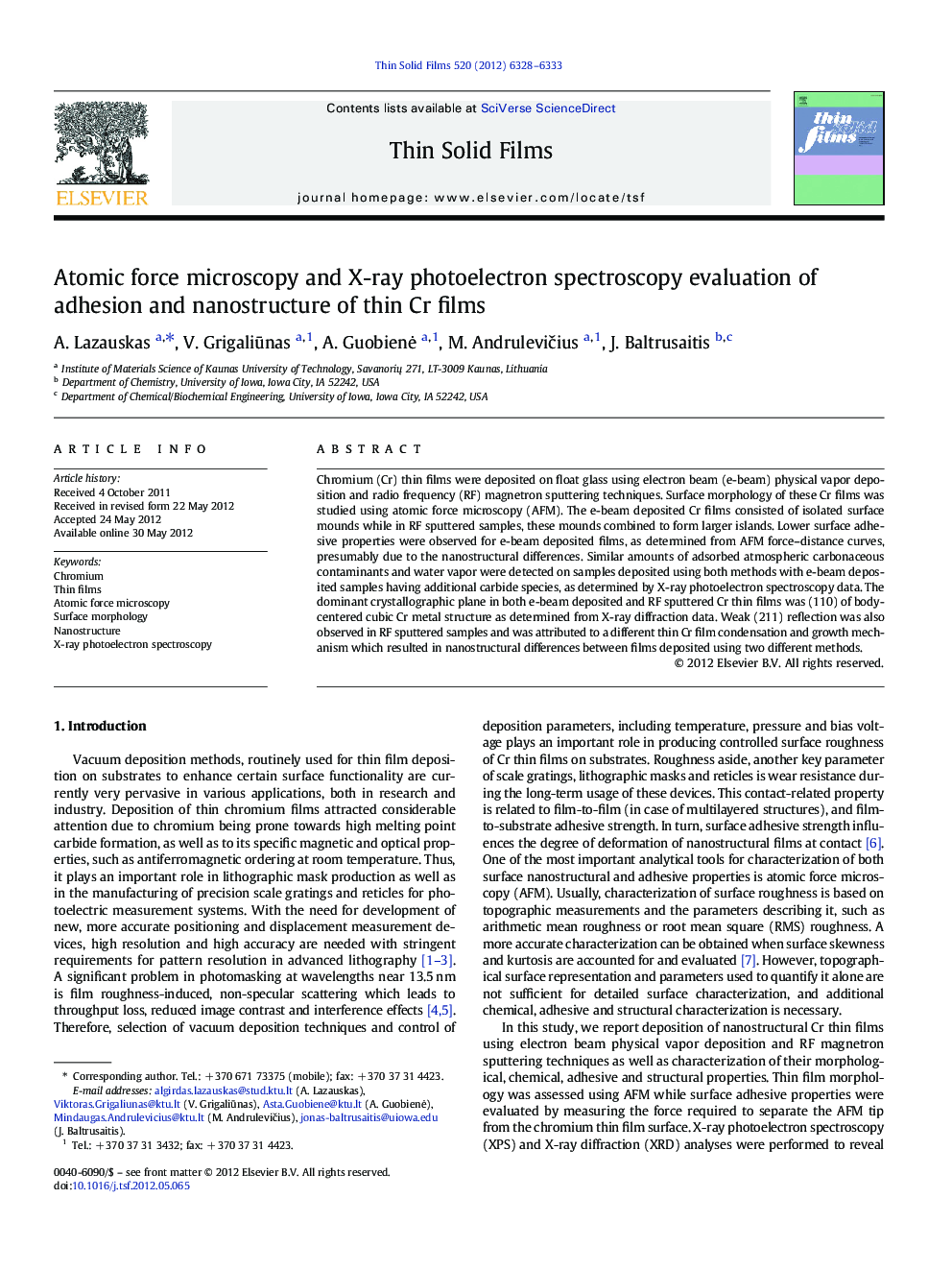 Atomic force microscopy and X-ray photoelectron spectroscopy evaluation of adhesion and nanostructure of thin Cr films