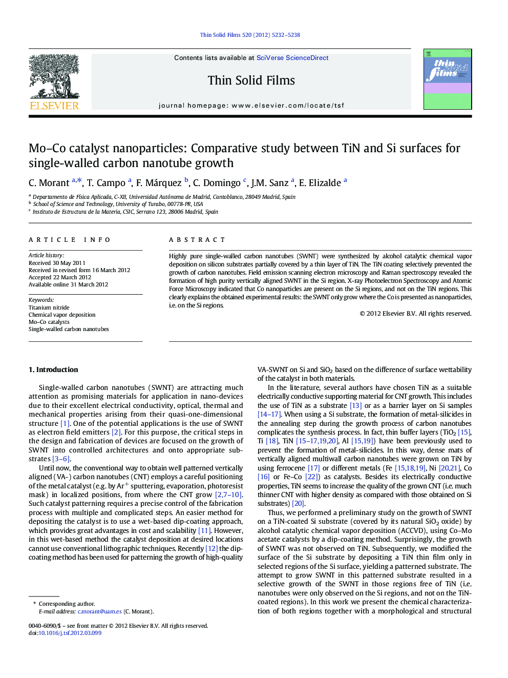 Mo-Co catalyst nanoparticles: Comparative study between TiN and Si surfaces for single-walled carbon nanotube growth