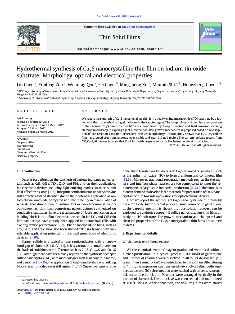 Hydrothermal synthesis of Cu2S nanocrystalline thin film on indium tin oxide substrate: Morphology, optical and electrical properties