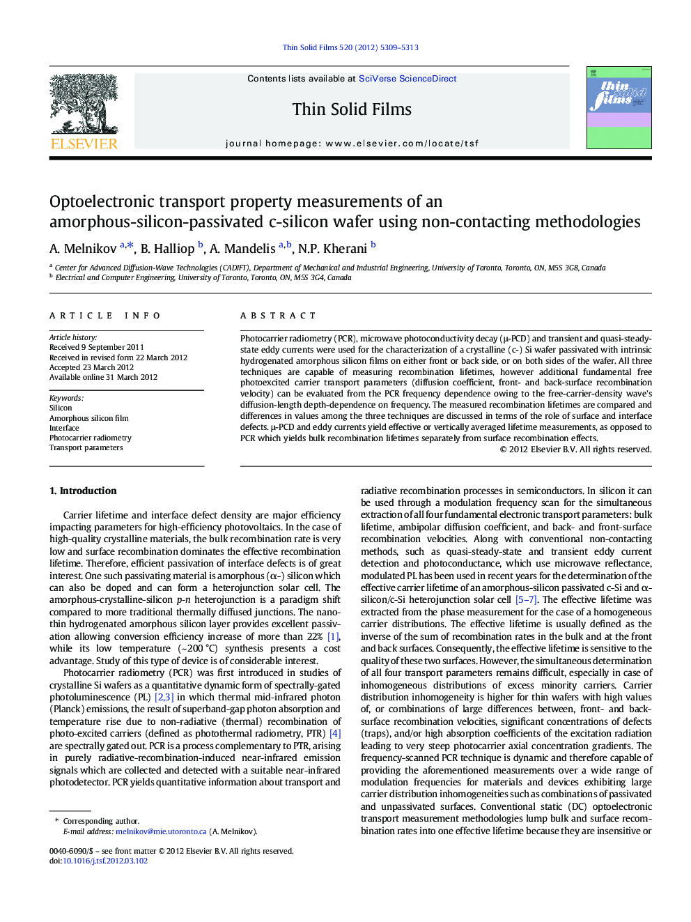 Optoelectronic transport property measurements of an amorphous-silicon-passivated c-silicon wafer using non-contacting methodologies