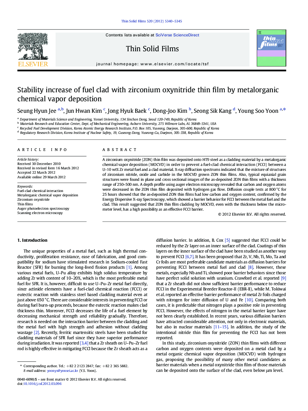 Stability increase of fuel clad with zirconium oxynitride thin film by metalorganic chemical vapor deposition