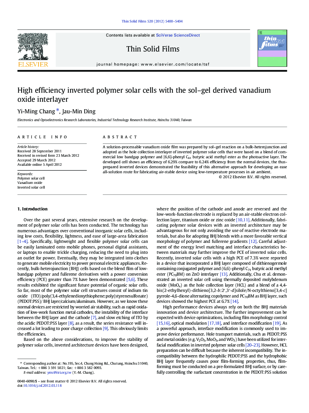 High efficiency inverted polymer solar cells with the sol-gel derived vanadium oxide interlayer