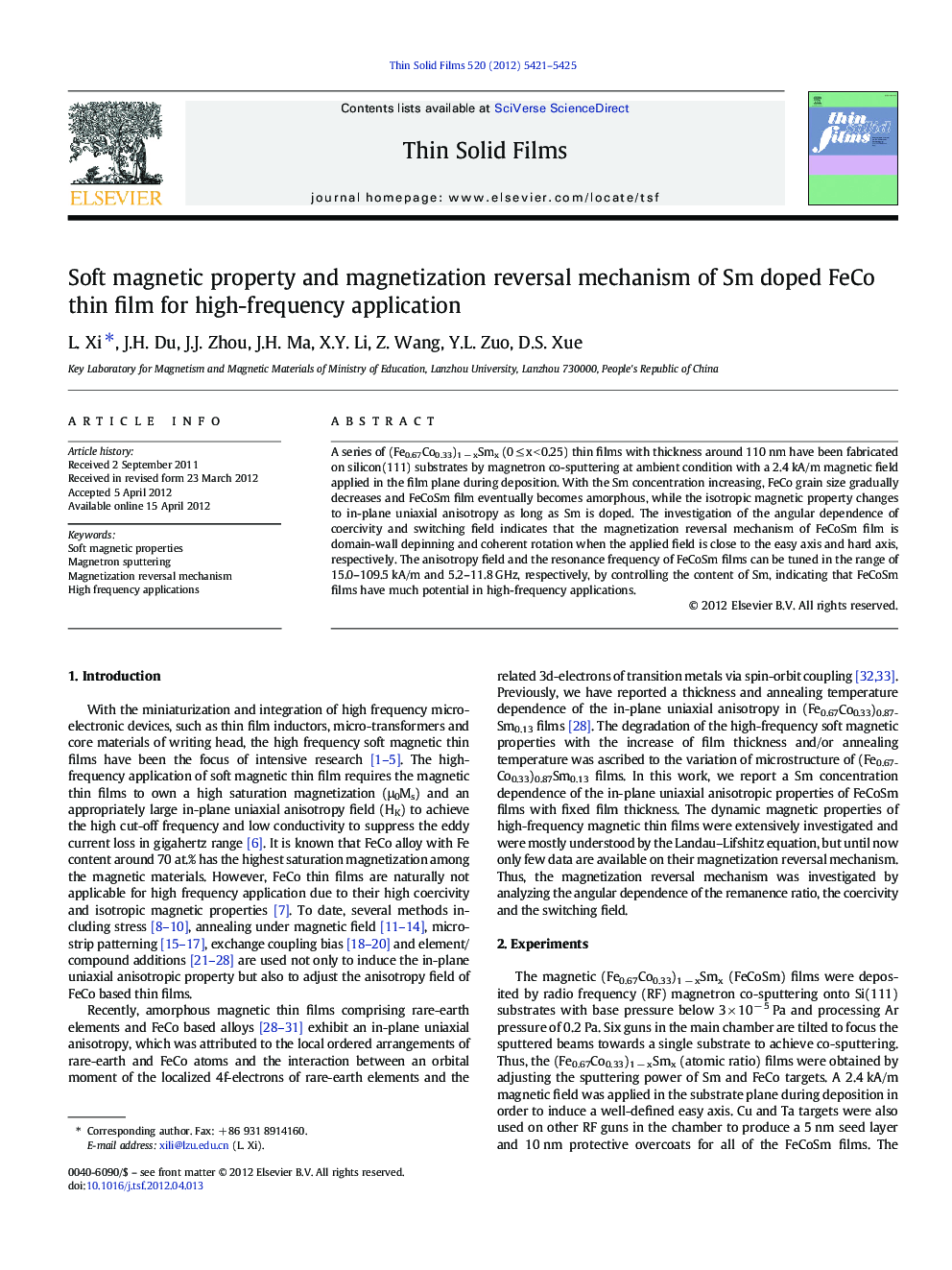 Soft magnetic property and magnetization reversal mechanism of Sm doped FeCo thin film for high-frequency application