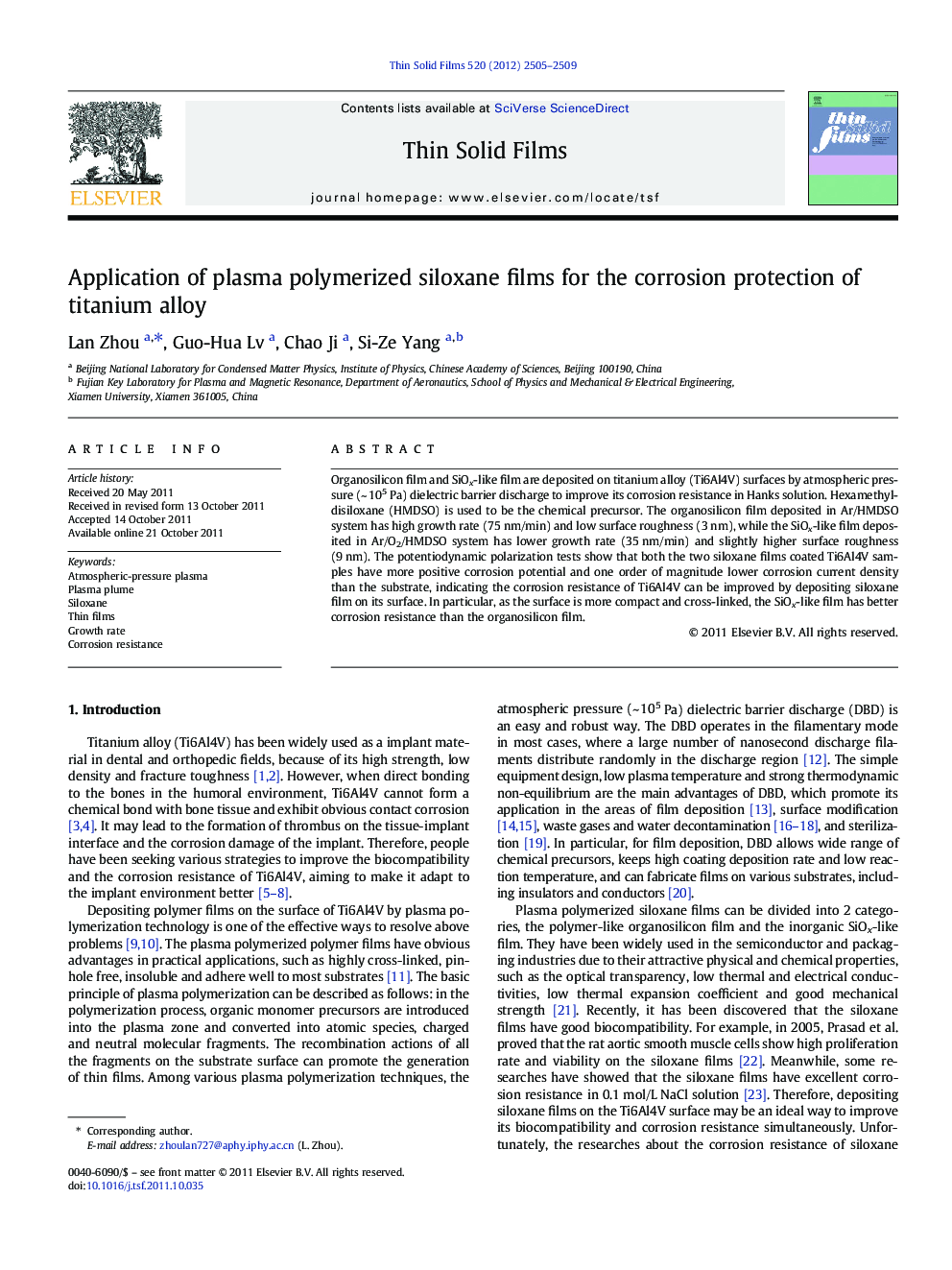 Application of plasma polymerized siloxane films for the corrosion protection of titanium alloy