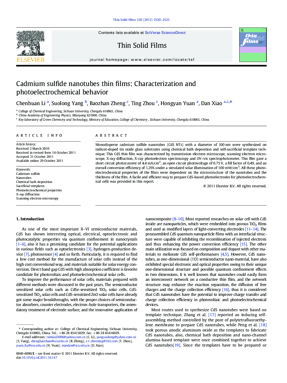 Cadmium sulfide nanotubes thin films: Characterization and photoelectrochemical behavior