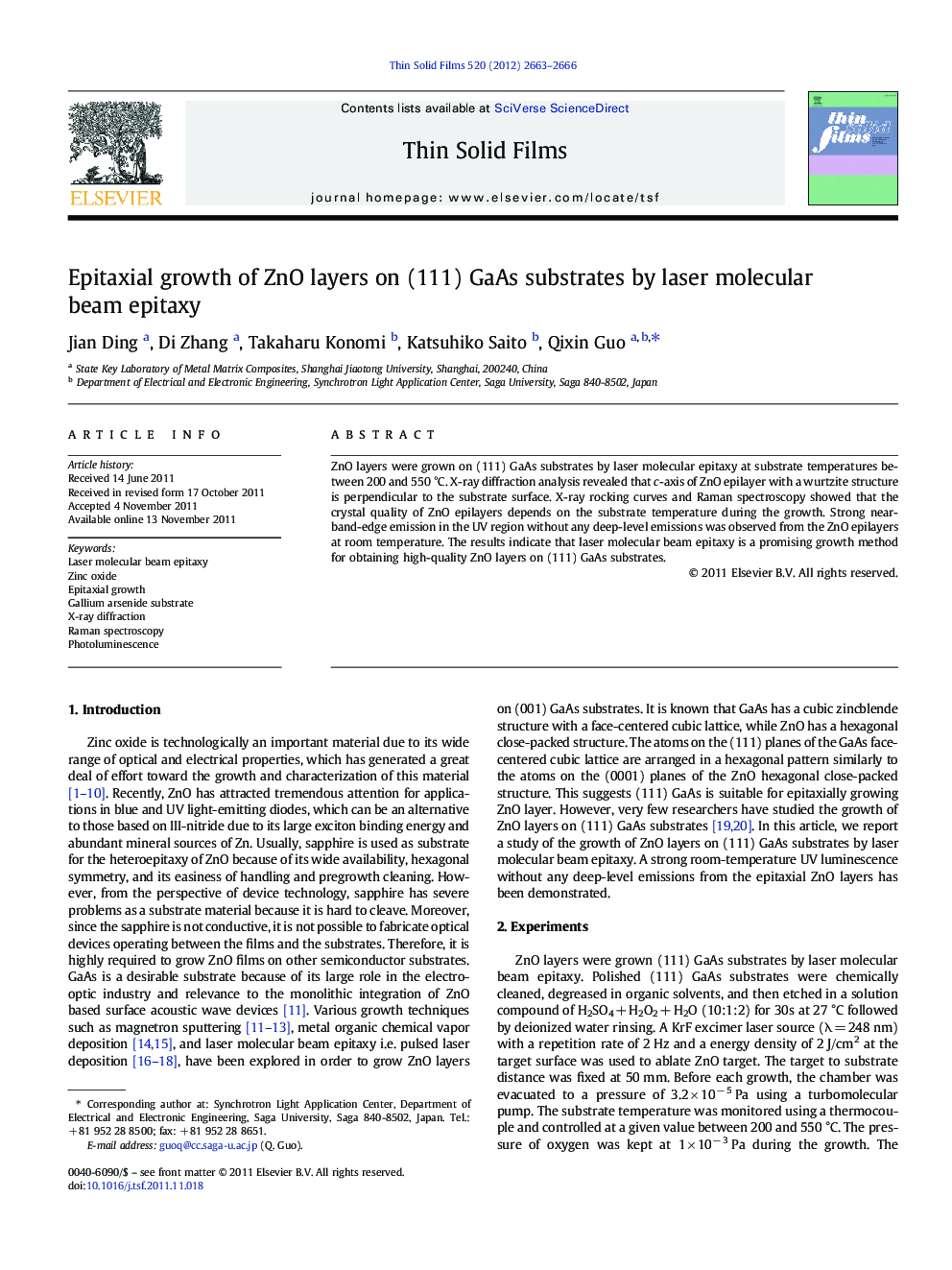 Epitaxial growth of ZnO layers on (111) GaAs substrates by laser molecular beam epitaxy