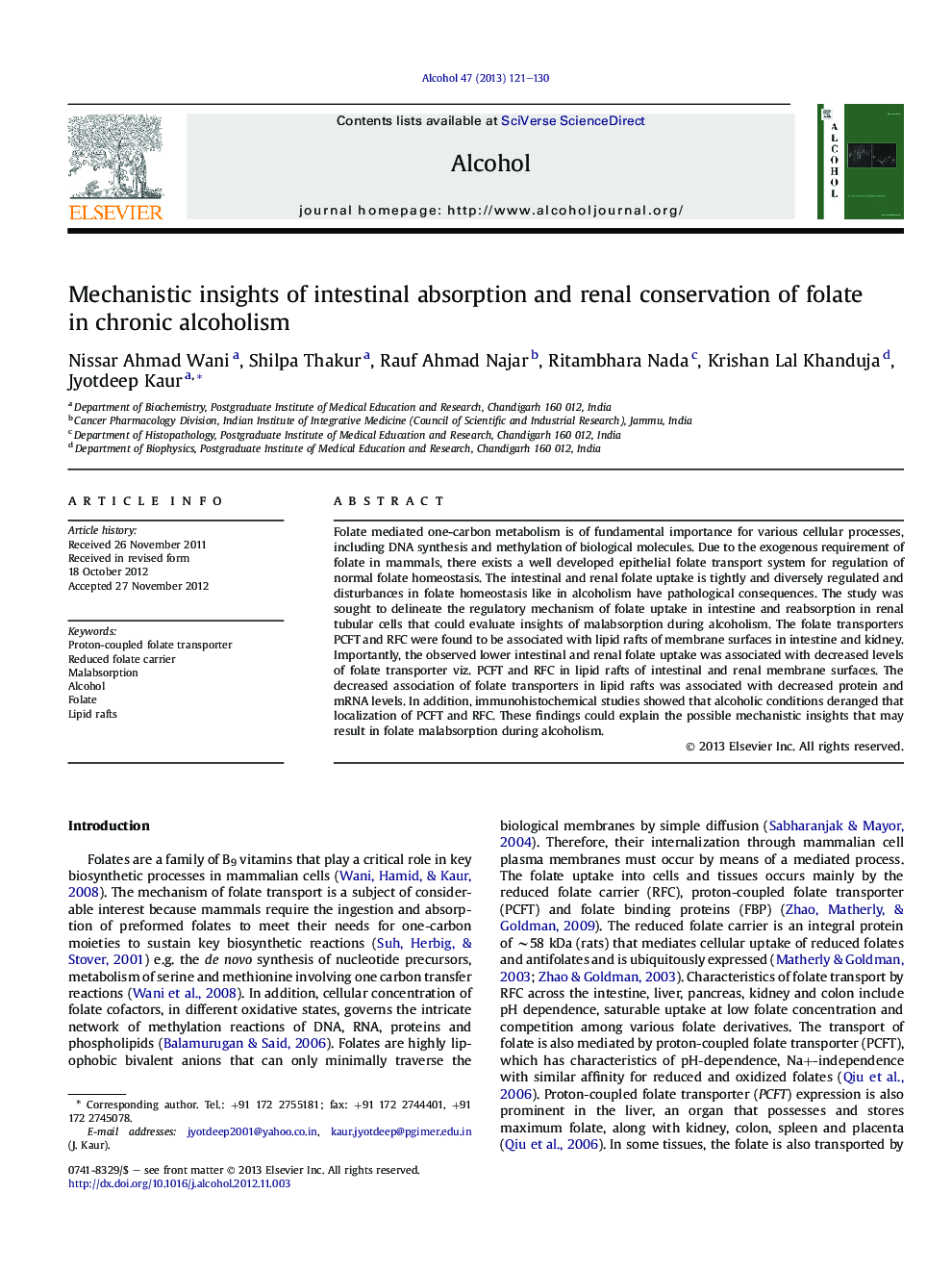 Mechanistic insights of intestinal absorption and renal conservation of folate in chronic alcoholism