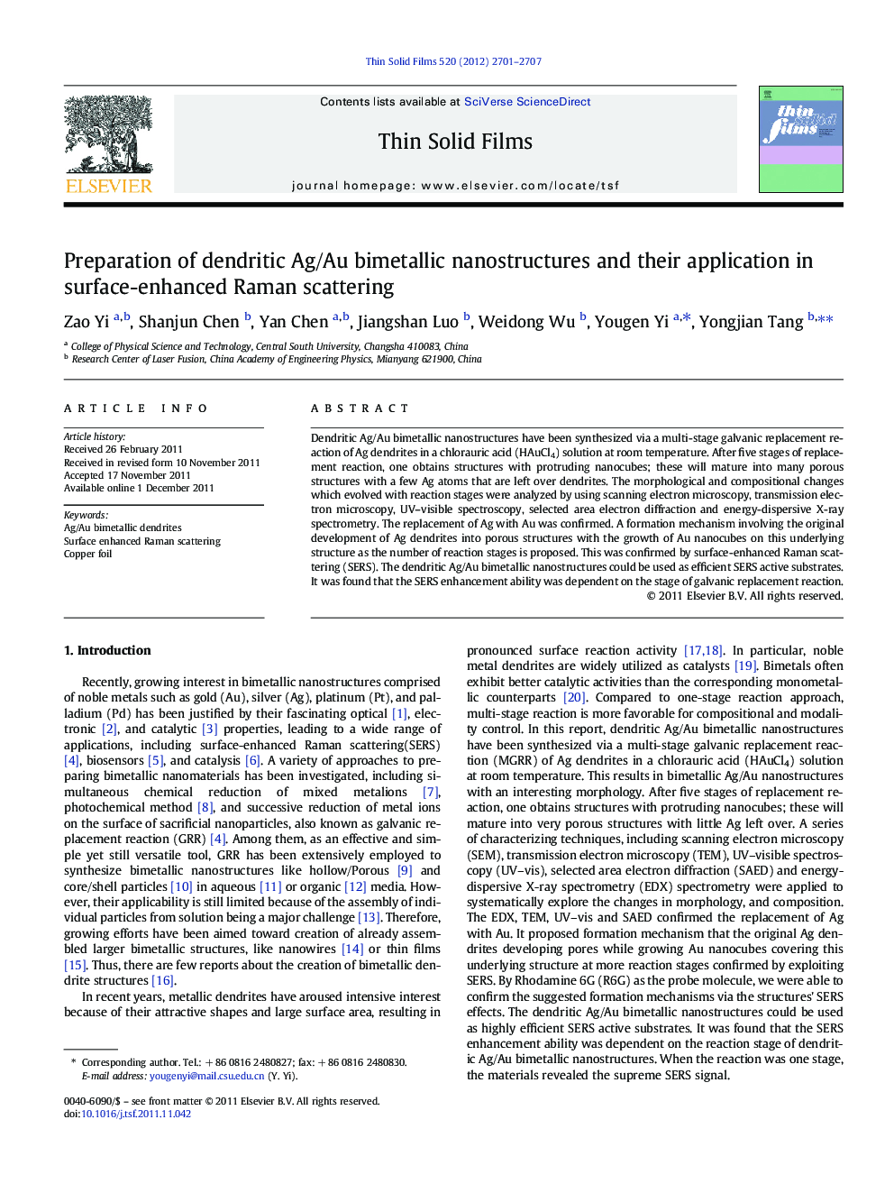 Preparation of dendritic Ag/Au bimetallic nanostructures and their application in surface-enhanced Raman scattering