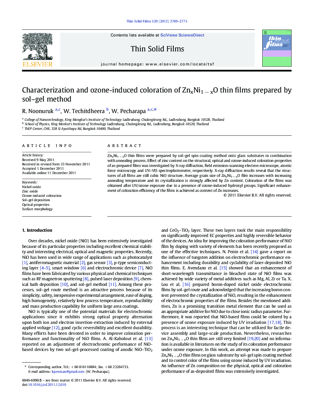 Characterization and ozone-induced coloration of ZnxNi1Â âÂ xO thin films prepared by sol-gel method