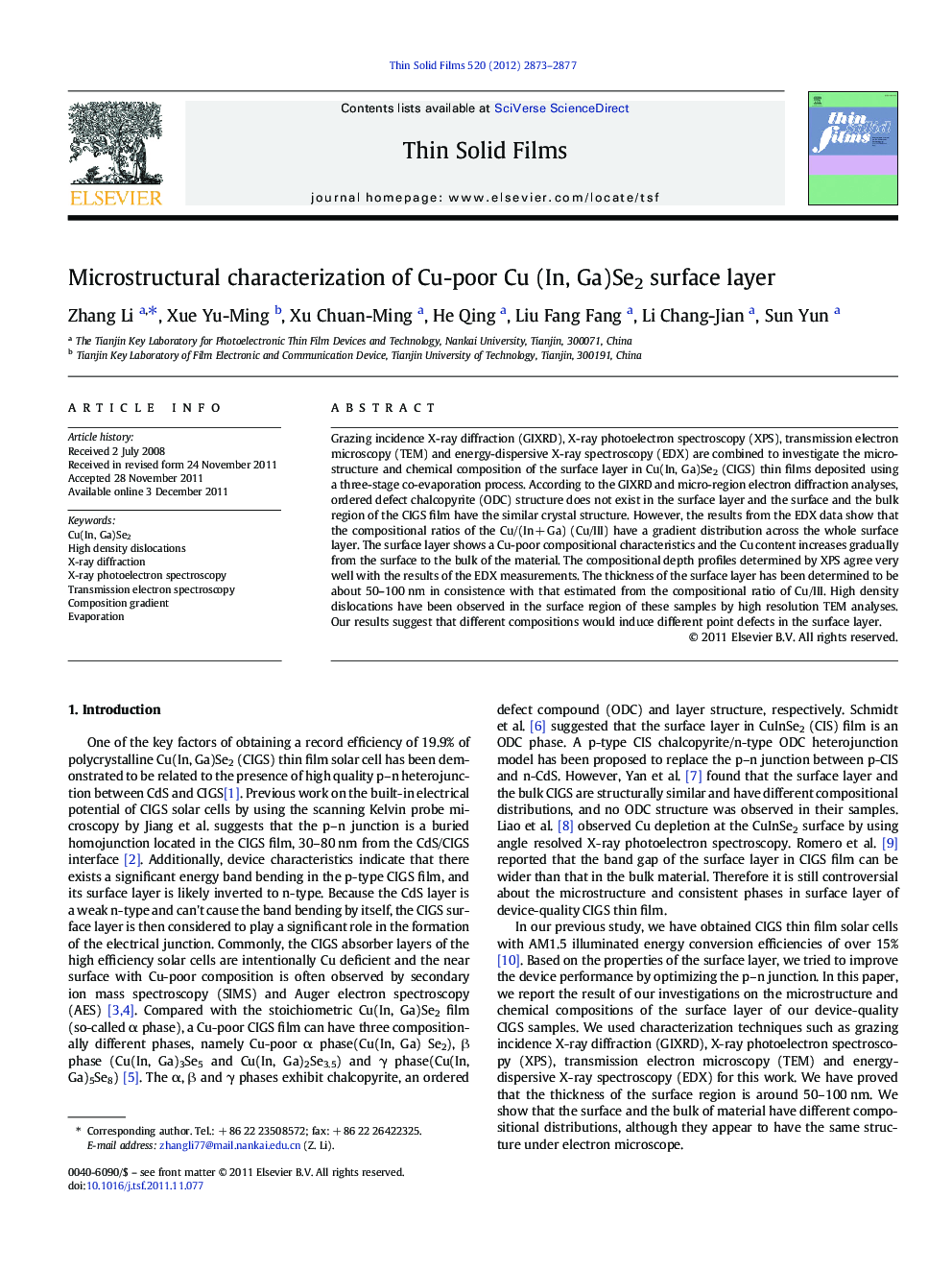 Microstructural characterization of Cu-poor Cu (In, Ga)Se2 surface layer