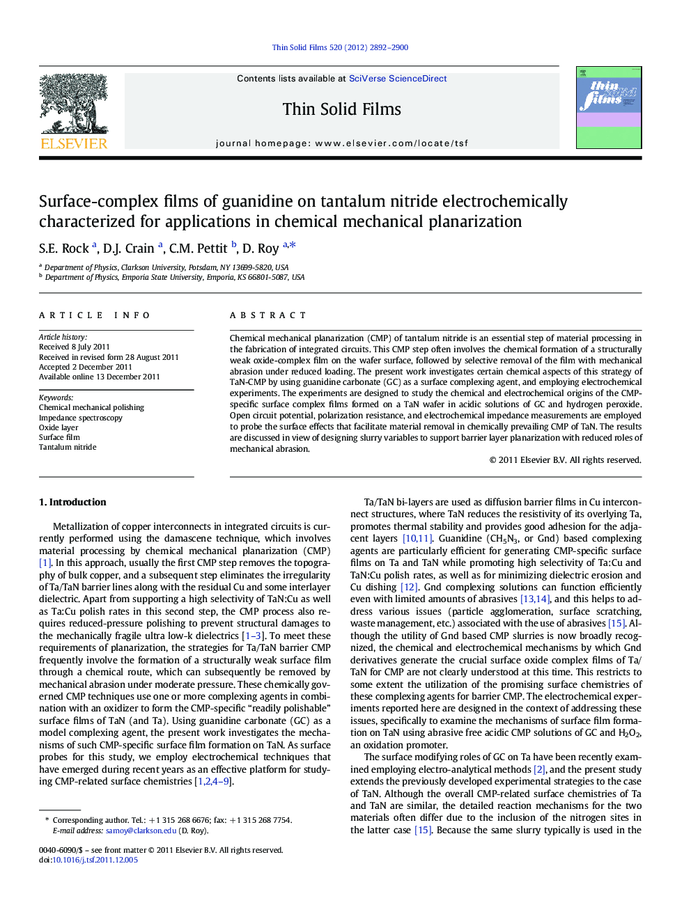 Surface-complex films of guanidine on tantalum nitride electrochemically characterized for applications in chemical mechanical planarization