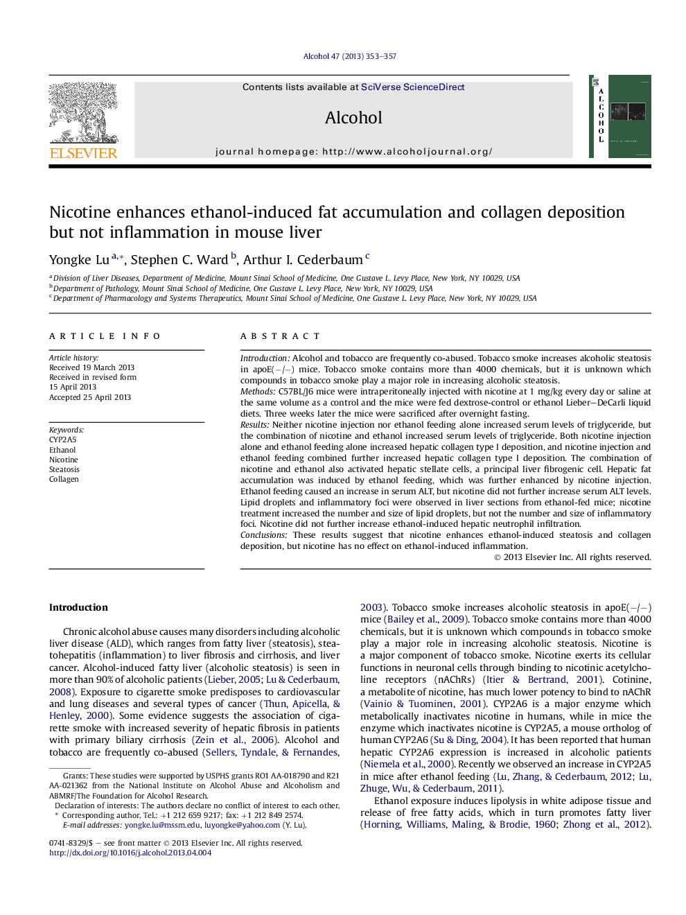 Nicotine enhances ethanol-induced fat accumulation and collagen deposition but not inflammation in mouse liver