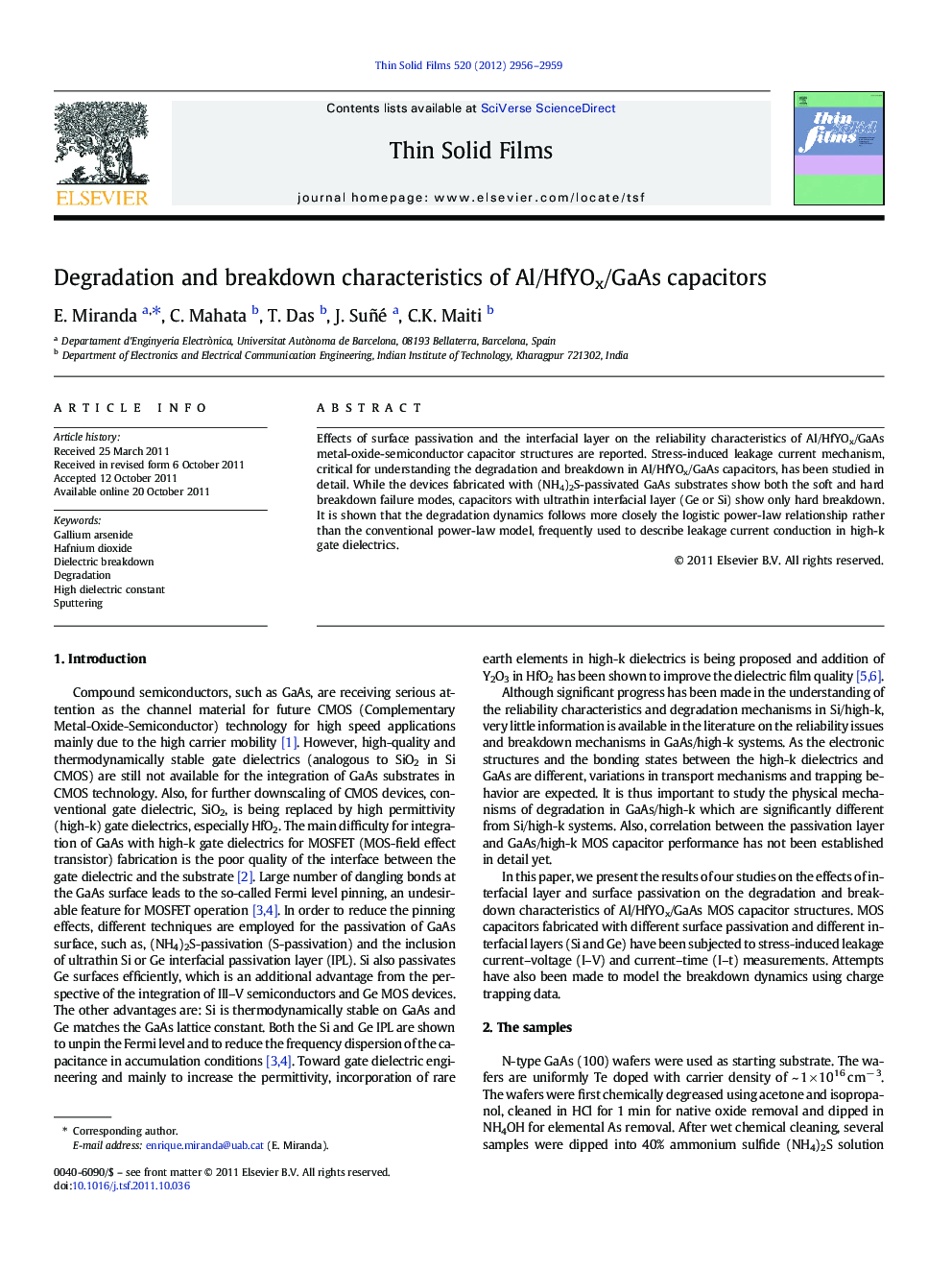 Degradation and breakdown characteristics of Al/HfYOx/GaAs capacitors