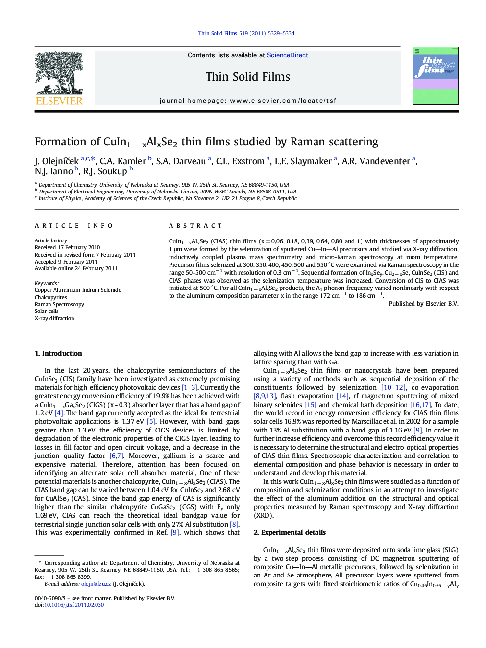 Formation of CuIn1Â âÂ xAlxSe2 thin films studied by Raman scattering