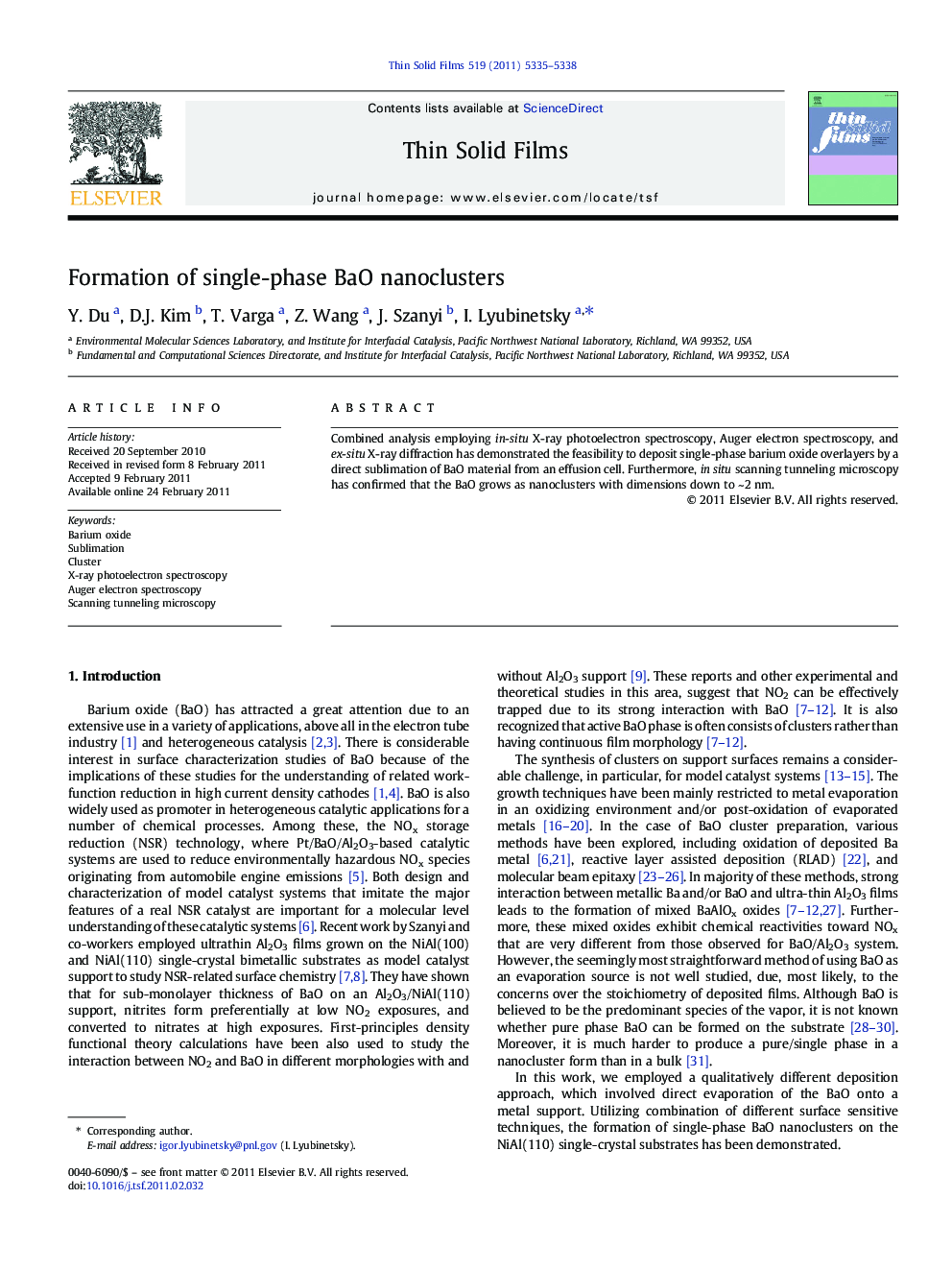 Formation of single-phase BaO nanoclusters