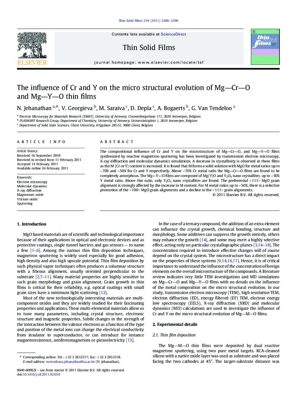 The influence of Cr and Y on the micro structural evolution of MgâCrâO and MgâYâO thin films