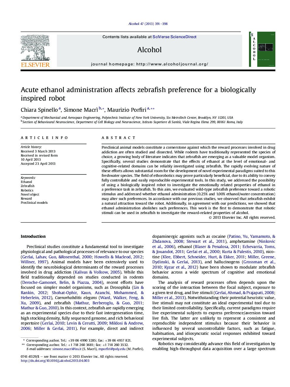 Acute ethanol administration affects zebrafish preference for a biologically inspired robot