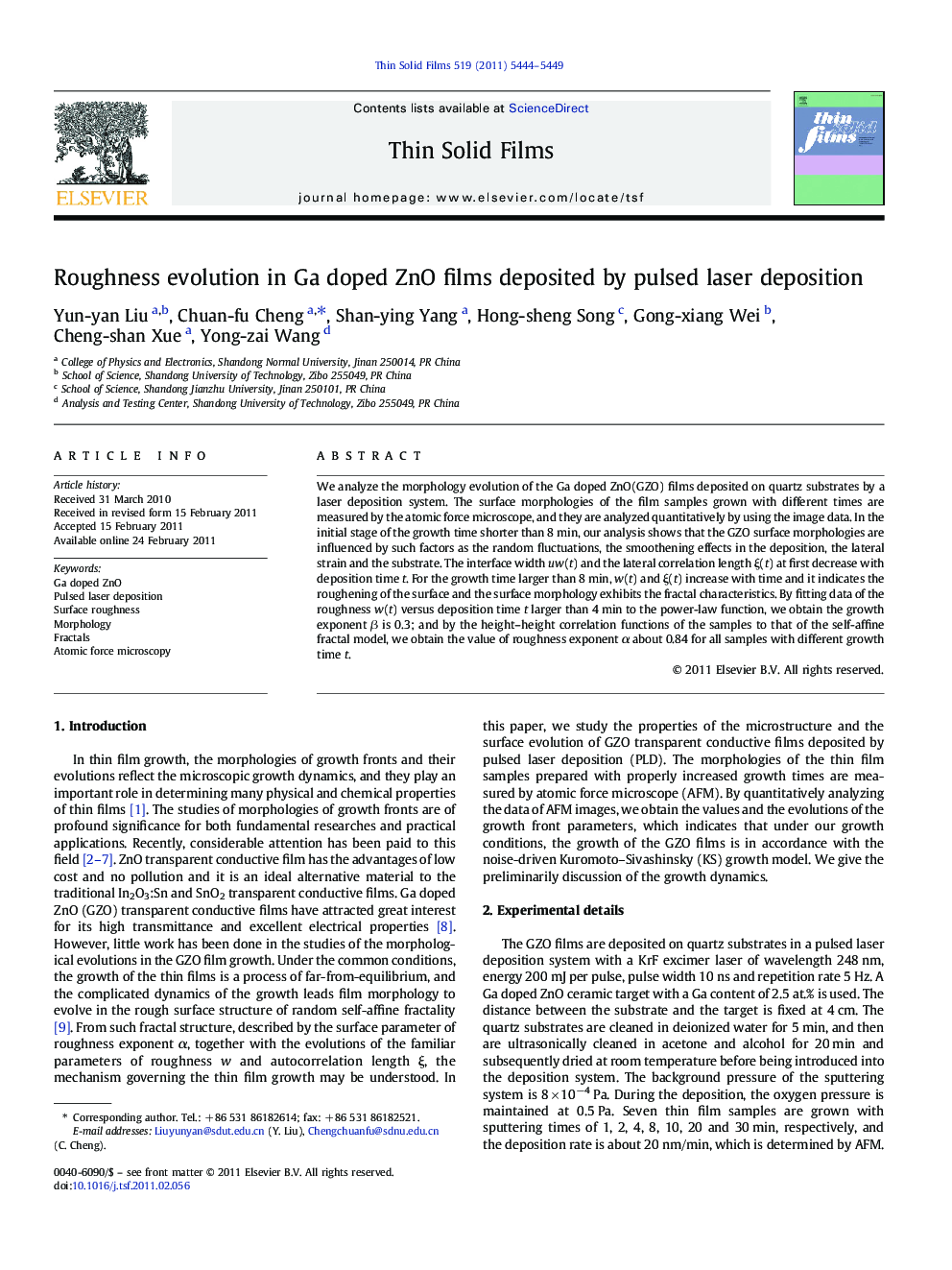 Roughness evolution in Ga doped ZnO films deposited by pulsed laser deposition