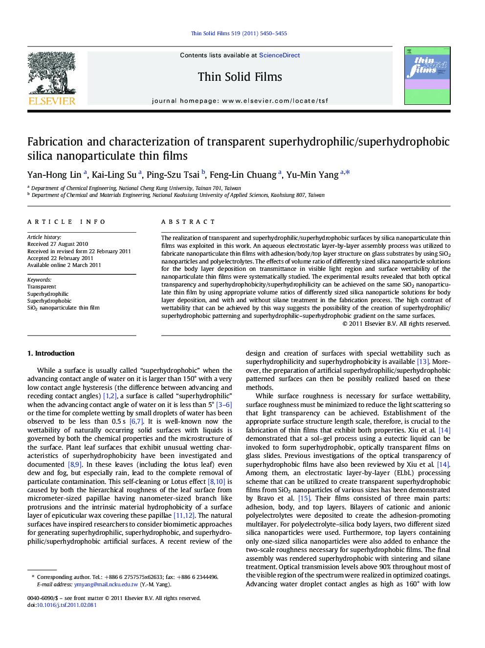 Fabrication and characterization of transparent superhydrophilic/superhydrophobic silica nanoparticulate thin films