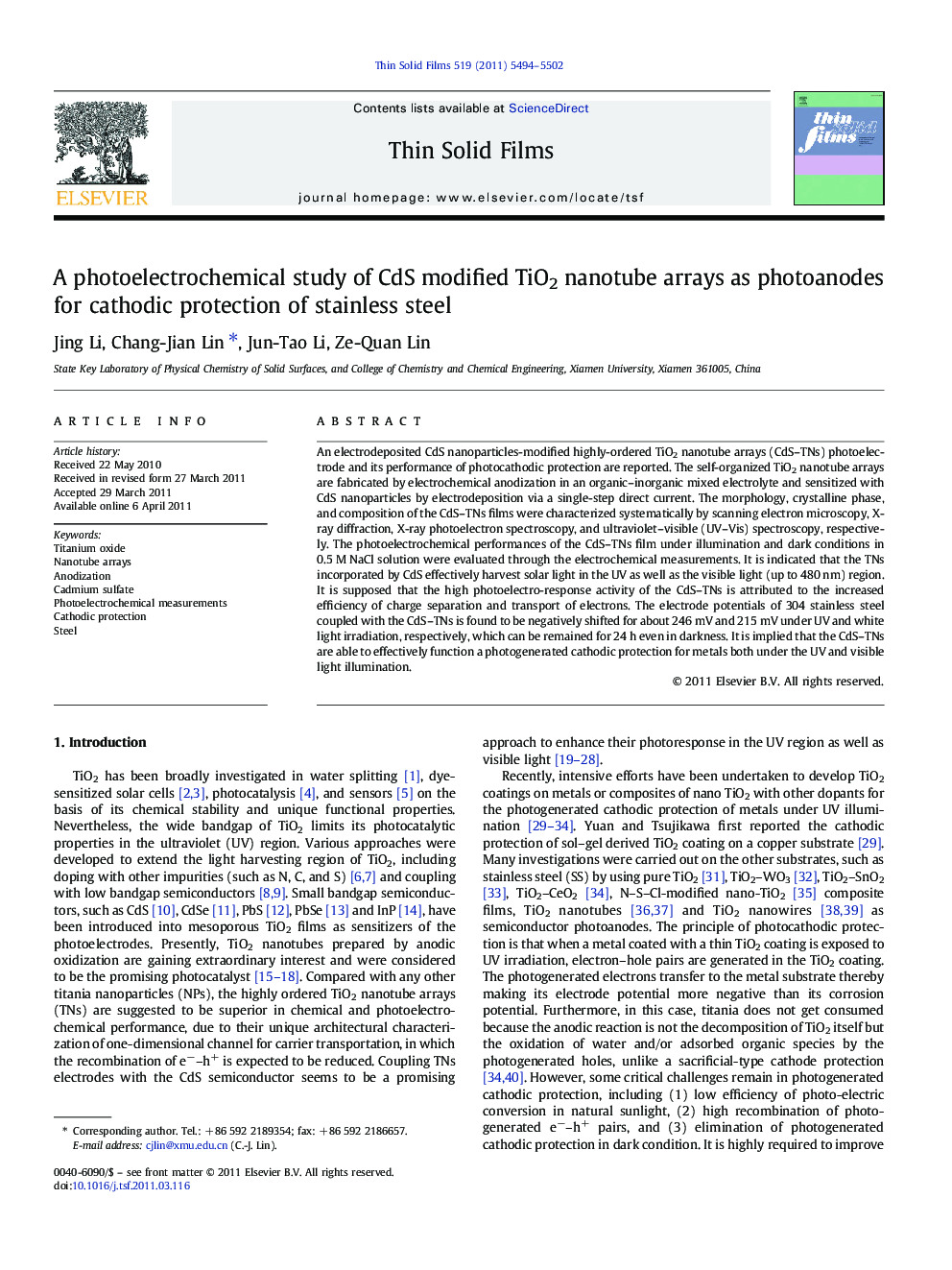 A photoelectrochemical study of CdS modified TiO2 nanotube arrays as photoanodes for cathodic protection of stainless steel