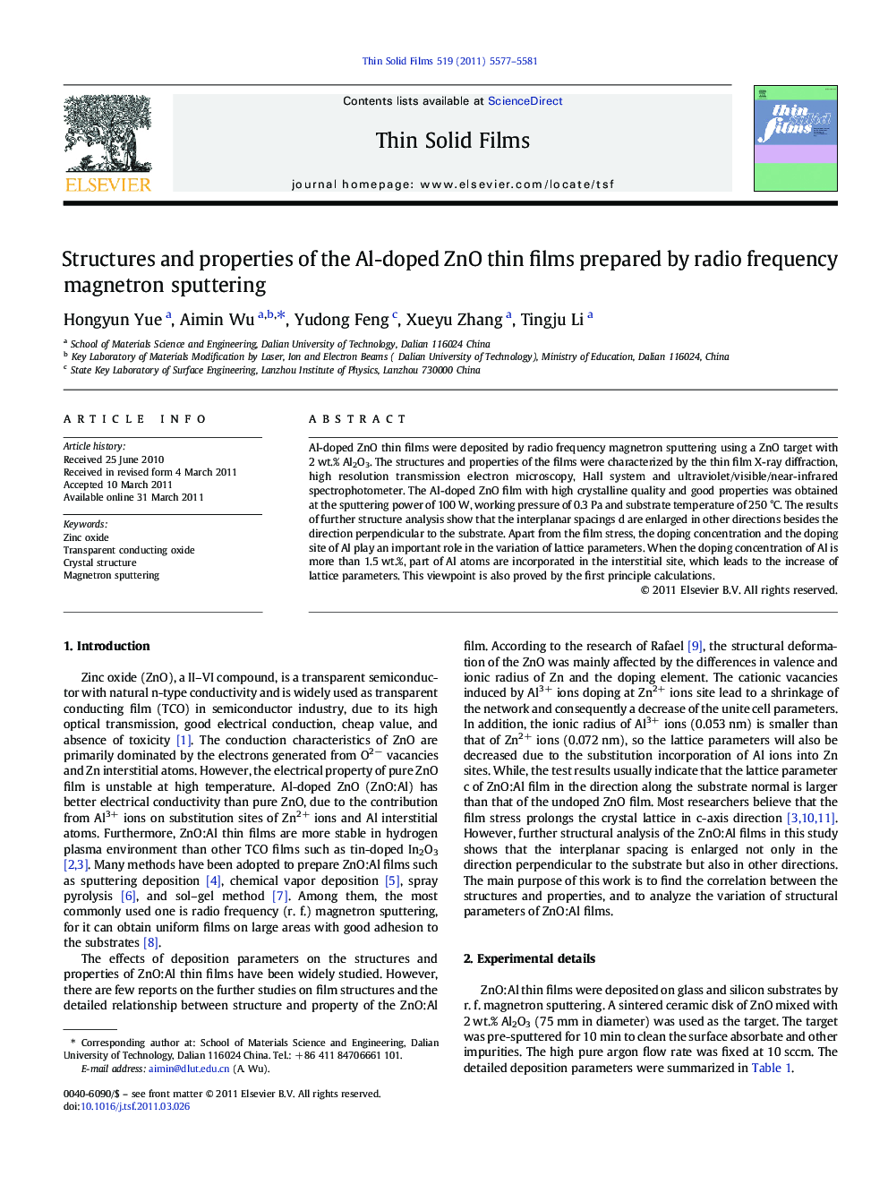 Structures and properties of the Al-doped ZnO thin films prepared by radio frequency magnetron sputtering