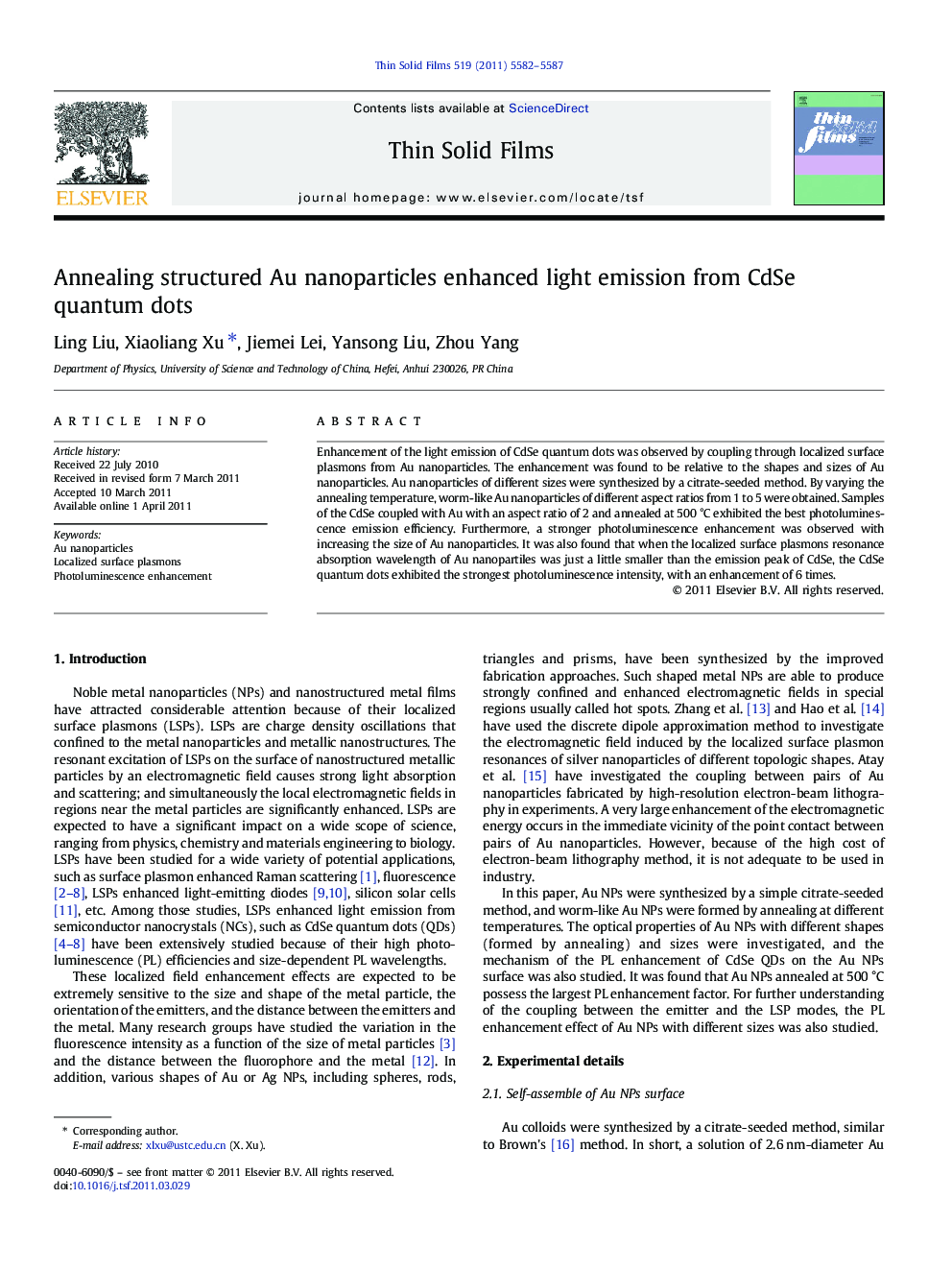 عکس صفحه اول مقاله: Annealing structured Au nanoparticles enhanced light emission from CdSe quantum dots Annealing structured Au nanoparticles enhanced light emission from CdSe quantum dots