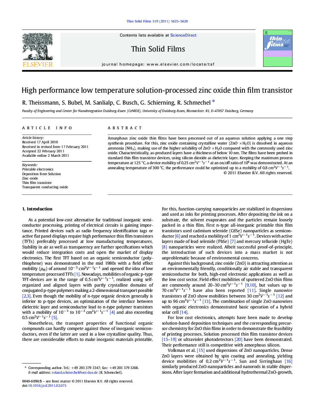 High performance low temperature solution-processed zinc oxide thin film transistor