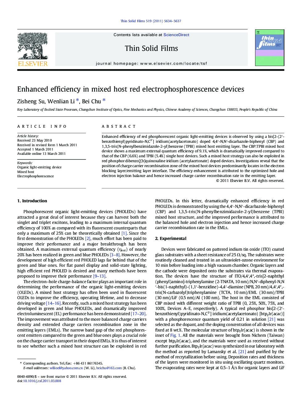 عکس صفحه اول مقاله: Enhanced efficiency in mixed host red electrophosphorescence devices Enhanced efficiency in mixed host red electrophosphorescence devices