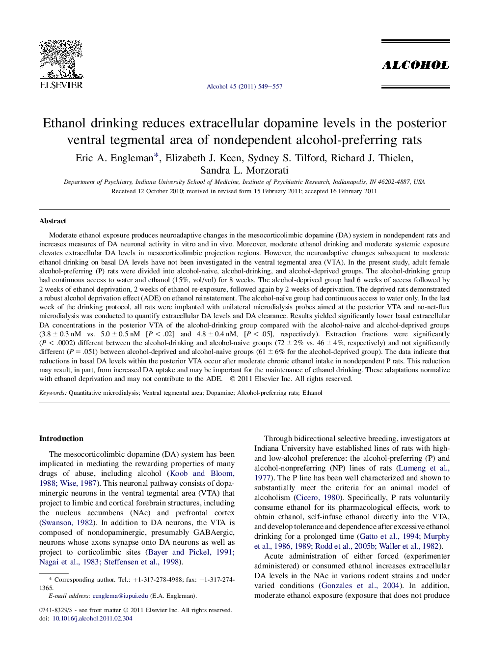 Ethanol drinking reduces extracellular dopamine levels in the posterior ventral tegmental area of nondependent alcohol-preferring rats