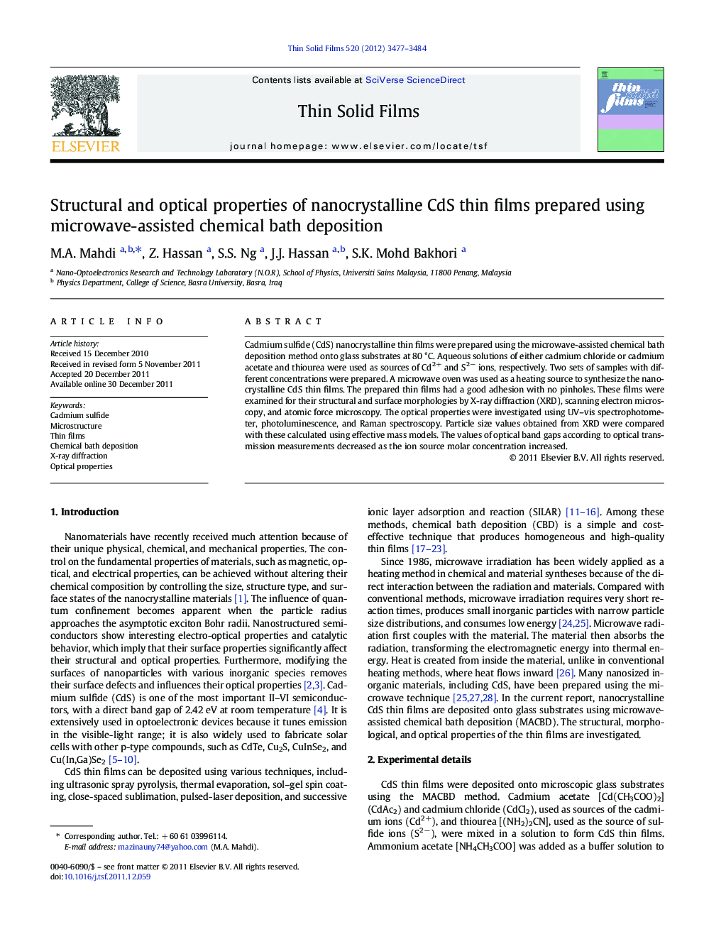 Structural and optical properties of nanocrystalline CdS thin films prepared using microwave-assisted chemical bath deposition