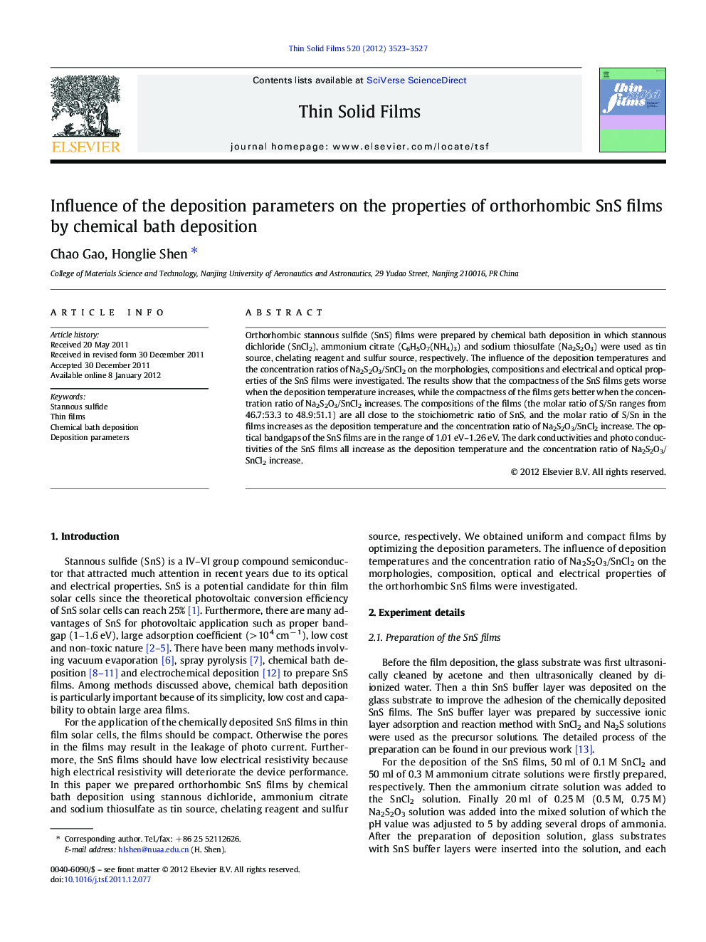 Influence of the deposition parameters on the properties of orthorhombic SnS films by chemical bath deposition