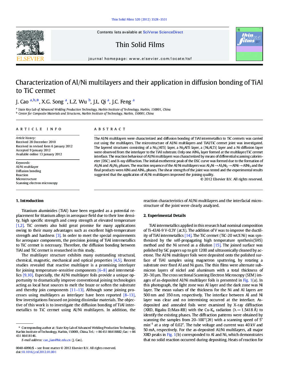 Characterization of Al/Ni multilayers and their application in diffusion bonding of TiAl to TiC cermet