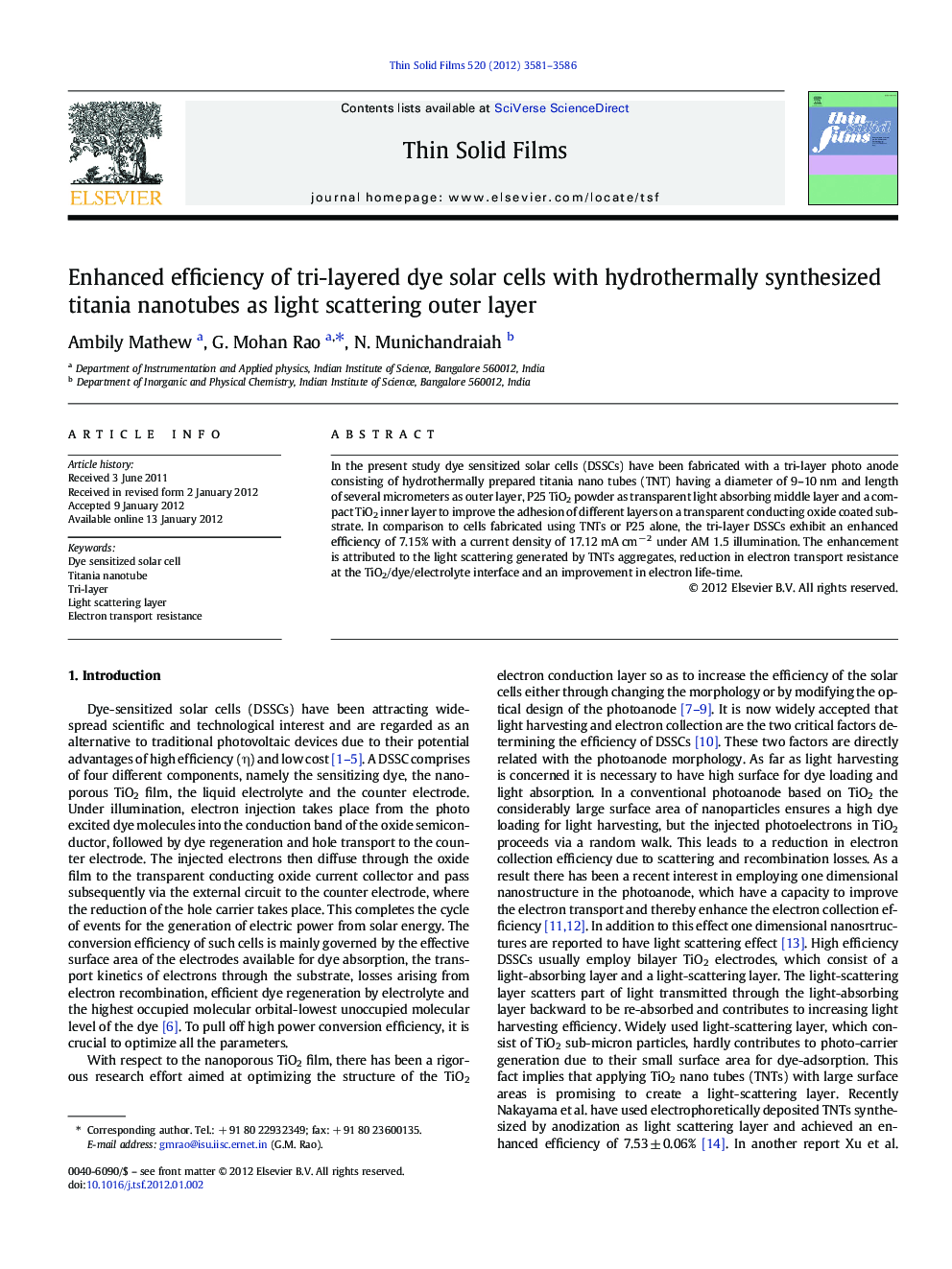 Enhanced efficiency of tri-layered dye solar cells with hydrothermally synthesized titania nanotubes as light scattering outer layer