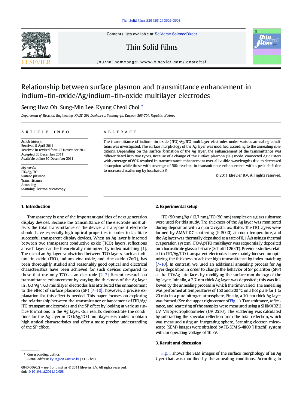 Relationship between surface plasmon and transmittance enhancement in indium-tin-oxide/Ag/indium-tin-oxide multilayer electrodes