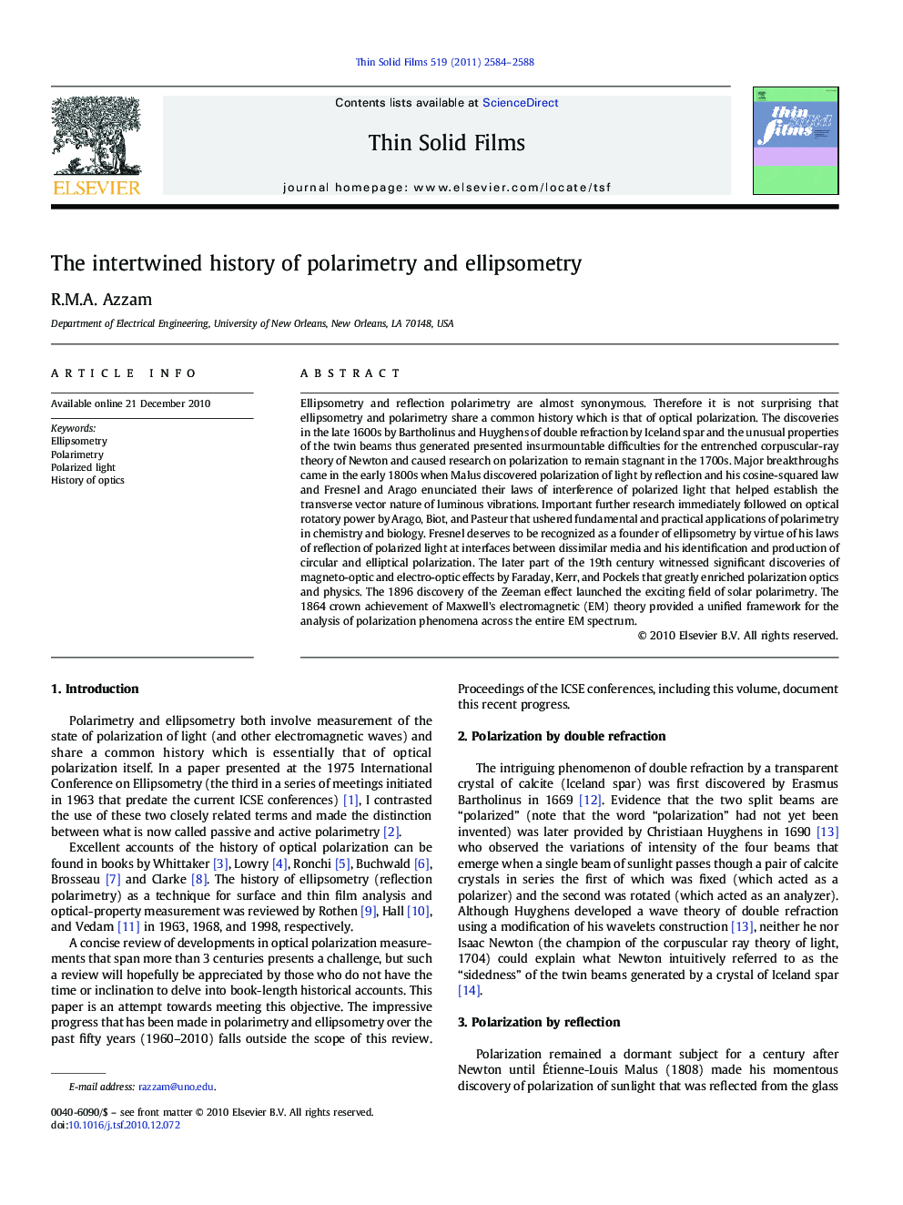 عکس صفحه اول مقاله: The intertwined history of polarimetry and ellipsometry The intertwined history of polarimetry and ellipsometry
